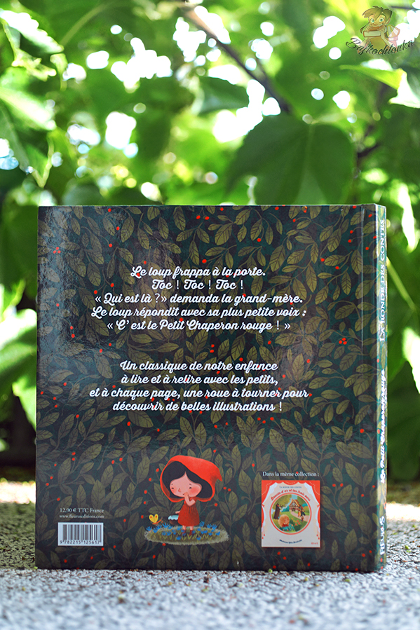 Tył okładki potwierdza formę: „à chaque page, une roue à tourner” – na każdej stronie koło do obracania, które odsłania nowe fragmenty ilustracji. Wydanie Fleurus.