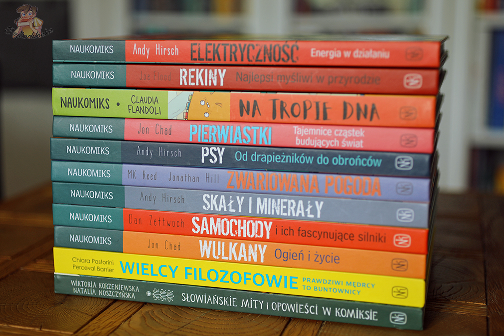 Grzbiety serii Naukomiks: „Elektryczność”, „Rekiny”, „Na tropie DNA”, „Pierwiastki” i inne