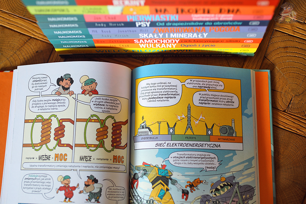 Transformator i sieć elektroenergetyczna w komiksie „Elektryczność” (Naukomiks, Andy Hirsch)