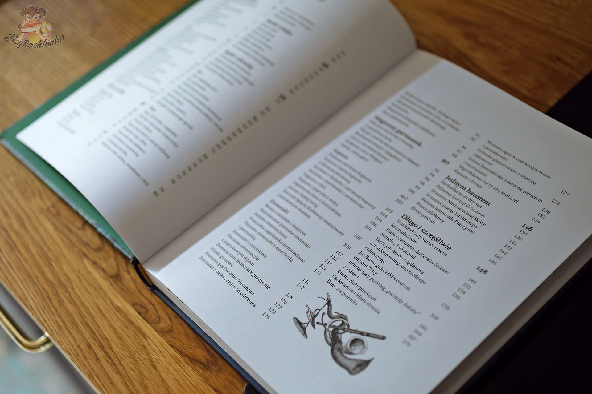 Spis treści książki kucharskiej braci Grimm z rozdziałami i ilustracjami.