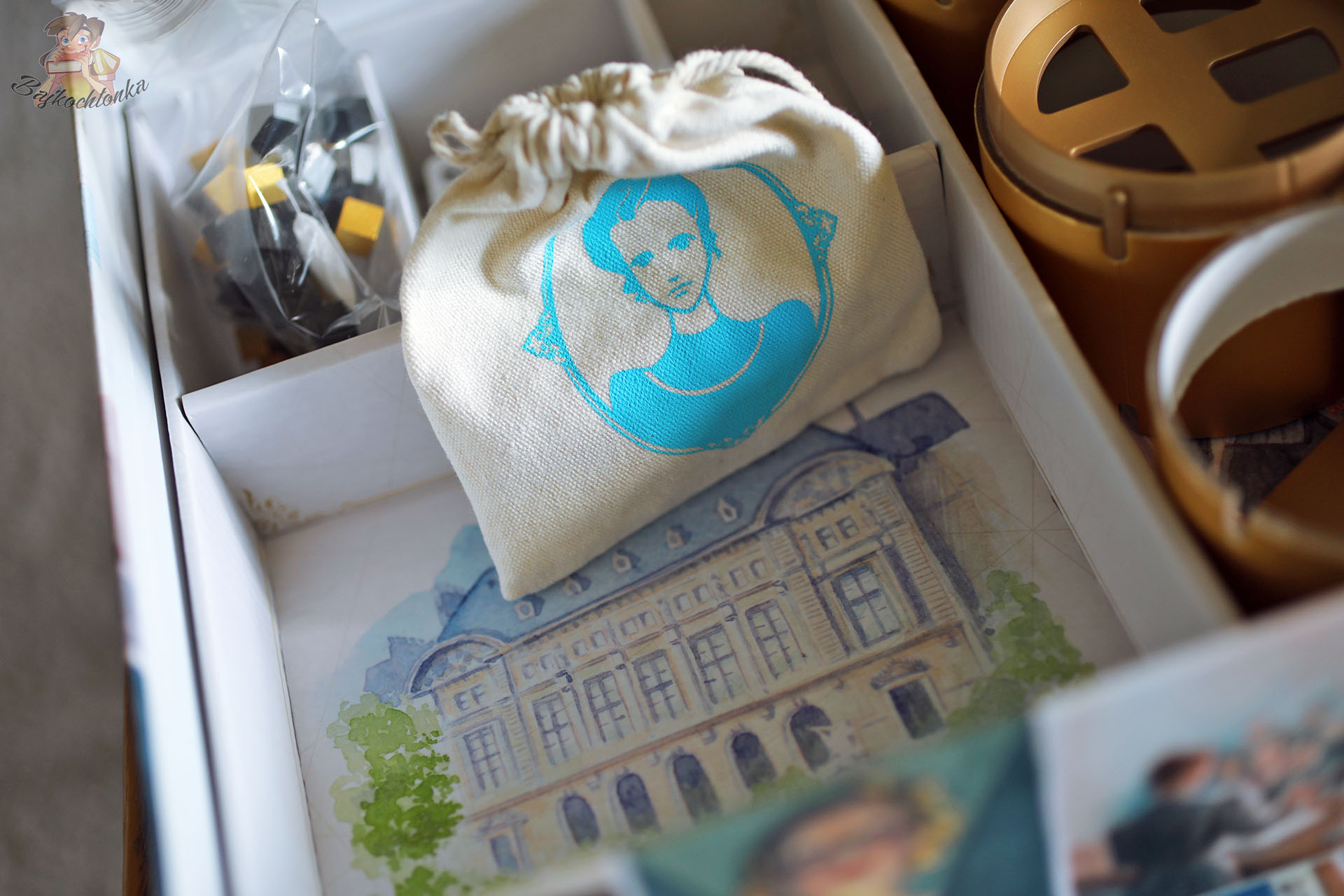 Plansza gracza z laboratorium i kostkami pierwiastków w grze Śladami Marii Skłodowskiej-Curie