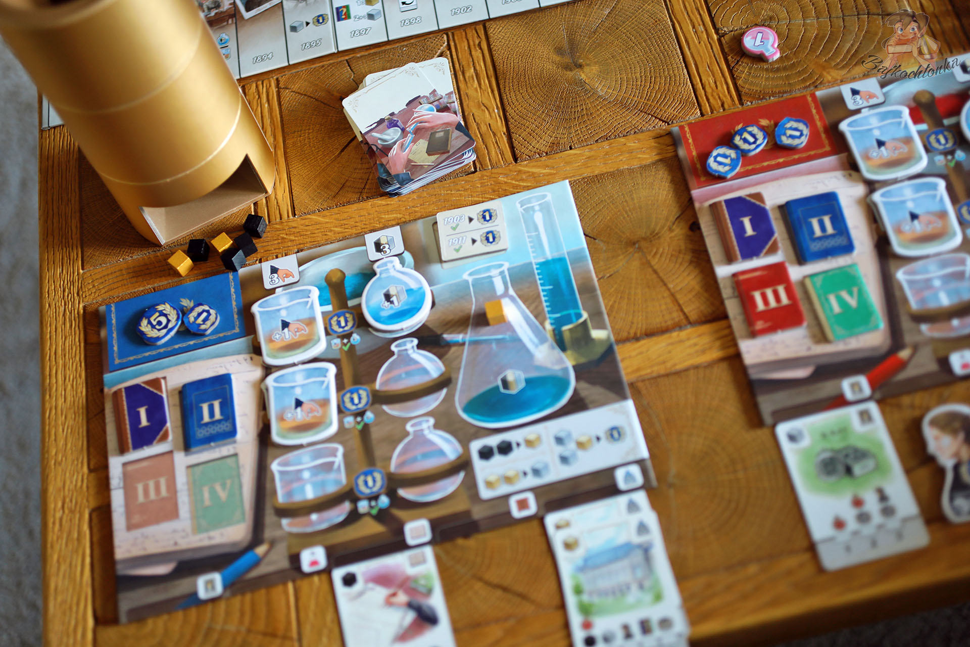 Komponenty gry Śladami Marii Skłodowskiej-Curie – karty, wieża surowców i Załącznik