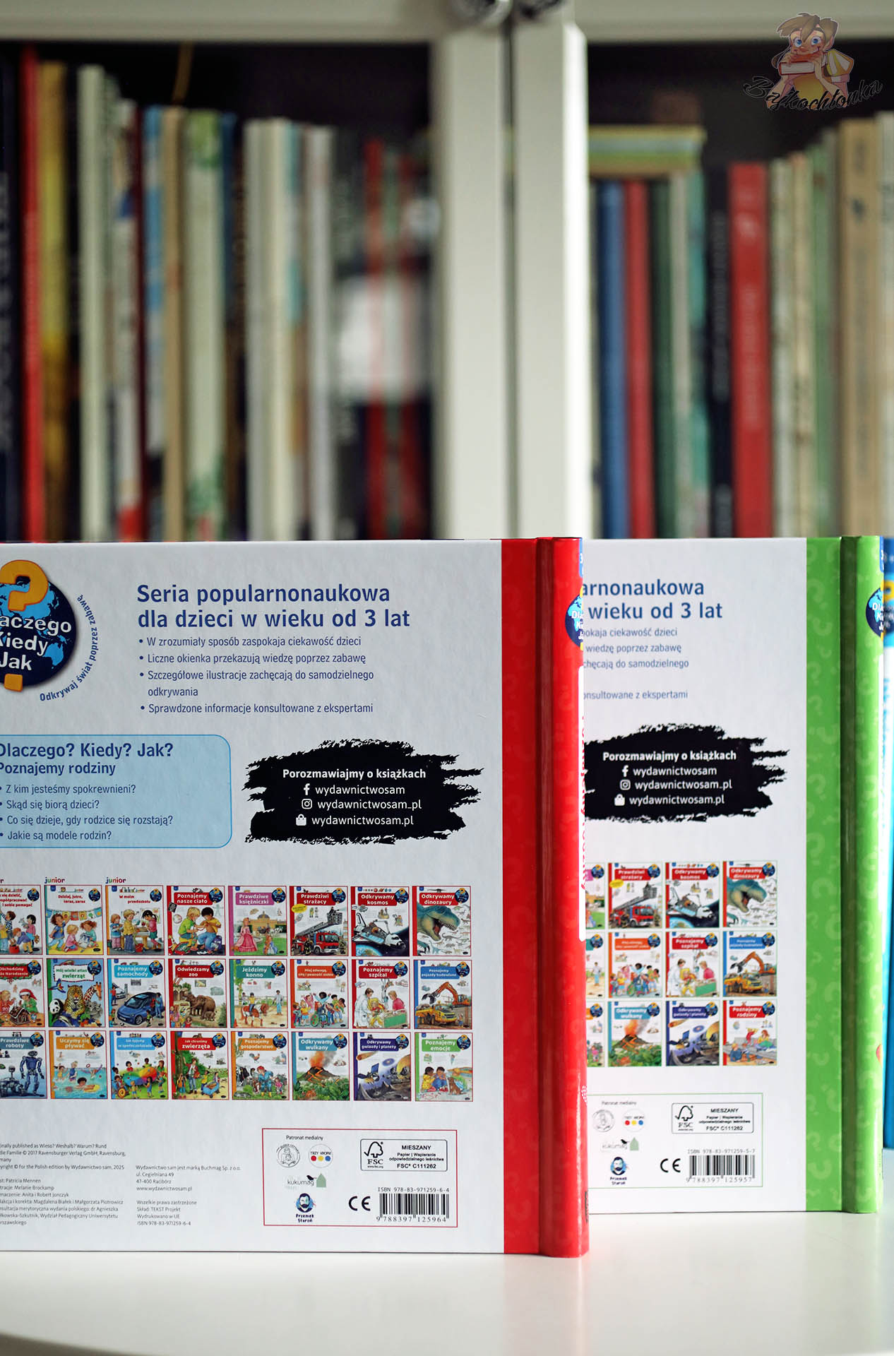 Tyły okładek serii Dlaczego? Kiedy? Jak? – informacje o cyklu popularnonaukowym 3+ od Wydawnictwa Sam.