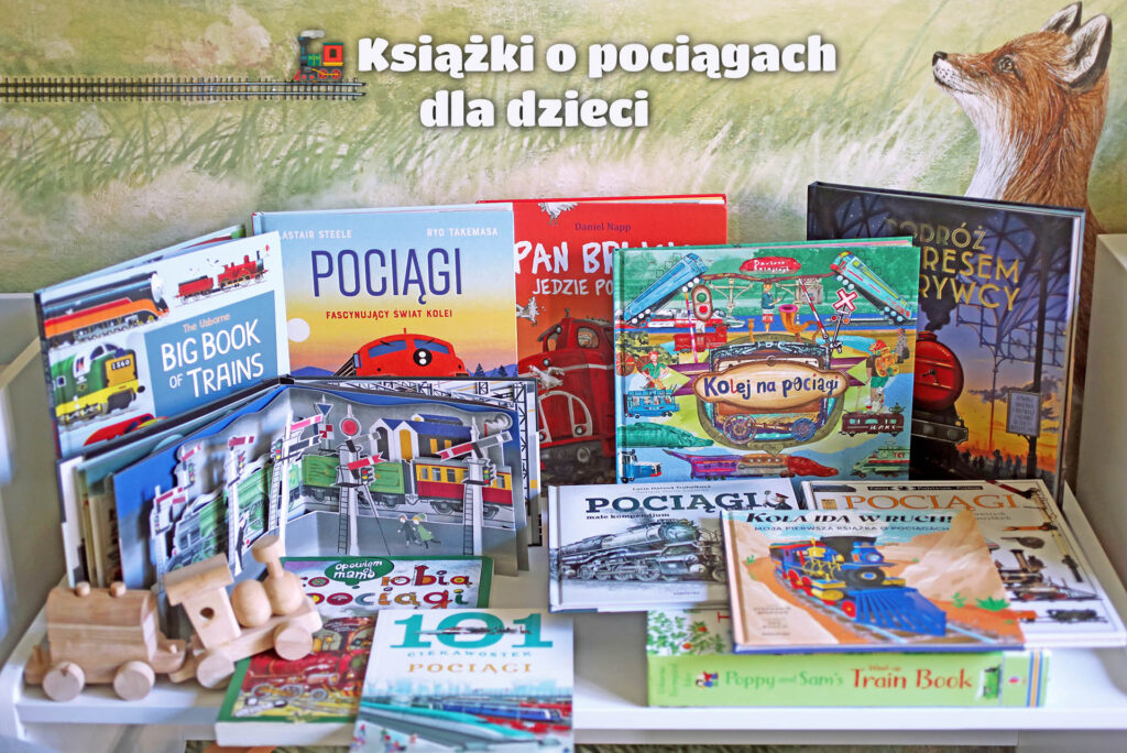 Zestaw książek o pociągach dla dzieci – półka z różnymi tytułami