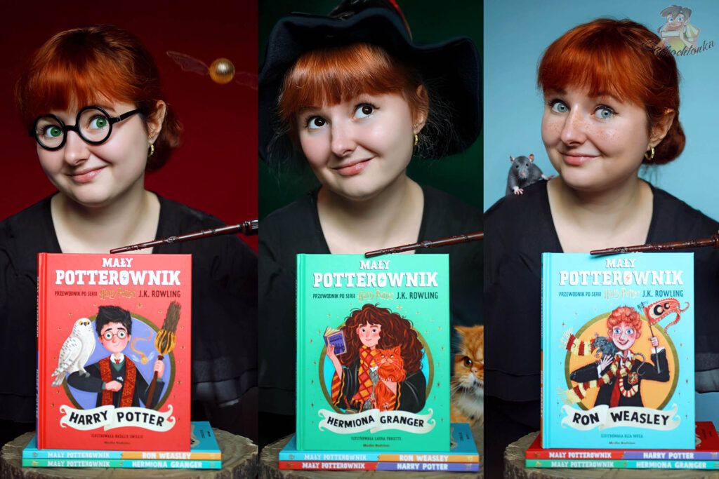 Kolaż trzech stylizacji inspirowanych Harrym, Hermioną i Ronem z książkami „Mały potterownik” na pierwszym planie