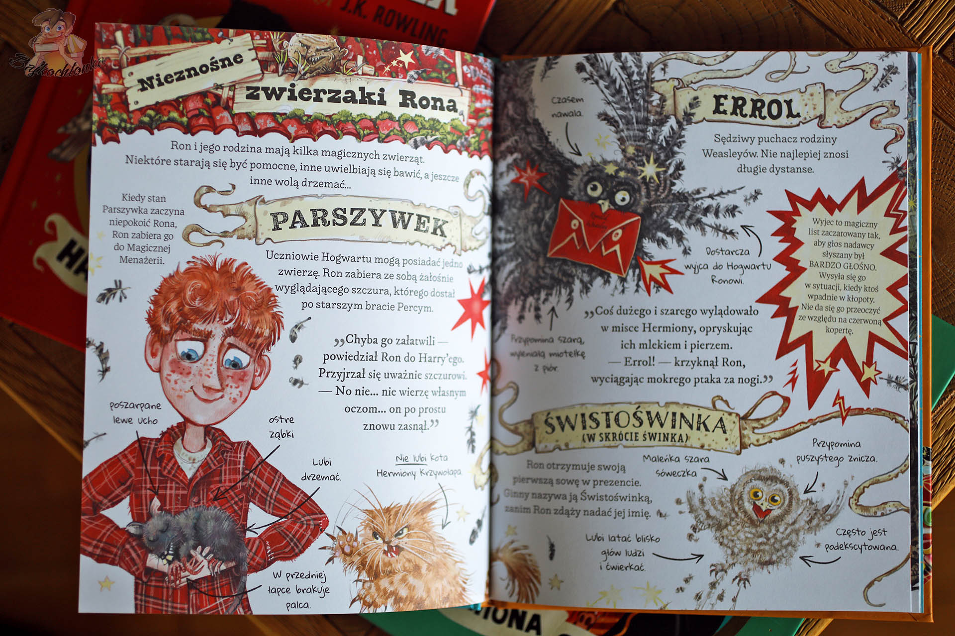 Rozkładówka „Niesforne zwierzaki Rona” z Parszywkiem, puchaczem Errolem i Świstoswinką – Mały potterownik, przewodnik po serii Harry Potter