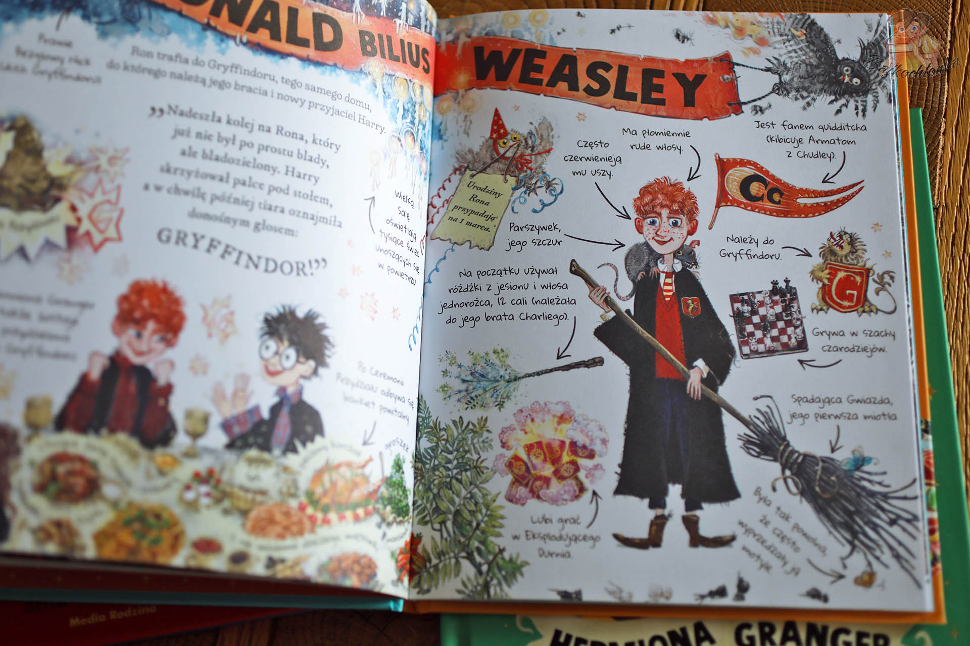 Ilustrowany portret Rona Weasleya z atrybutami Gryffindoru i miotłą Spadająca Gwiazda – rozkładówka z faktami o Ronie