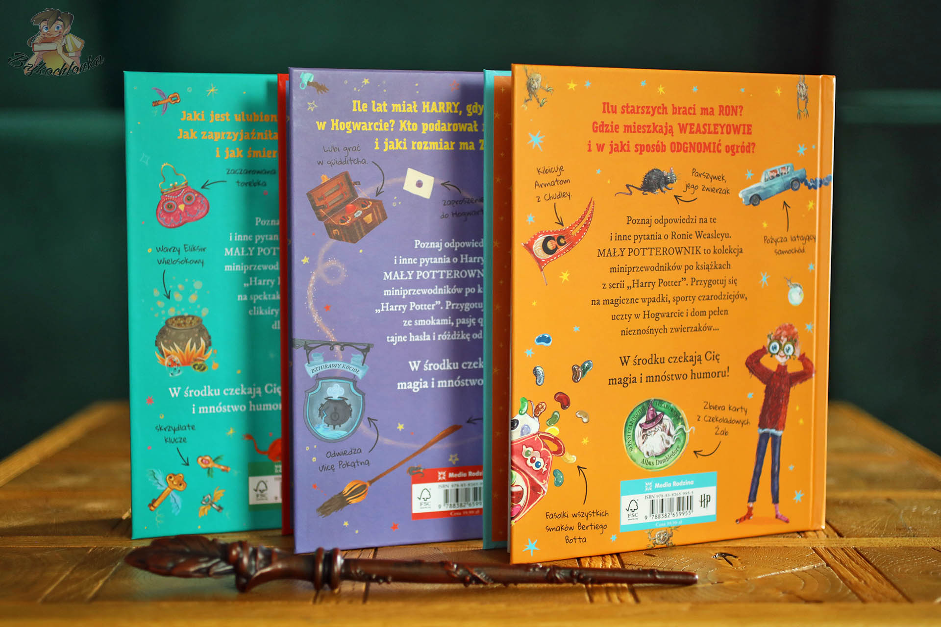 Tyły okładek serii „Mały potterownik” – opisy tomów Harry, Hermiona i Ron, miniilustracje i ciekawostki