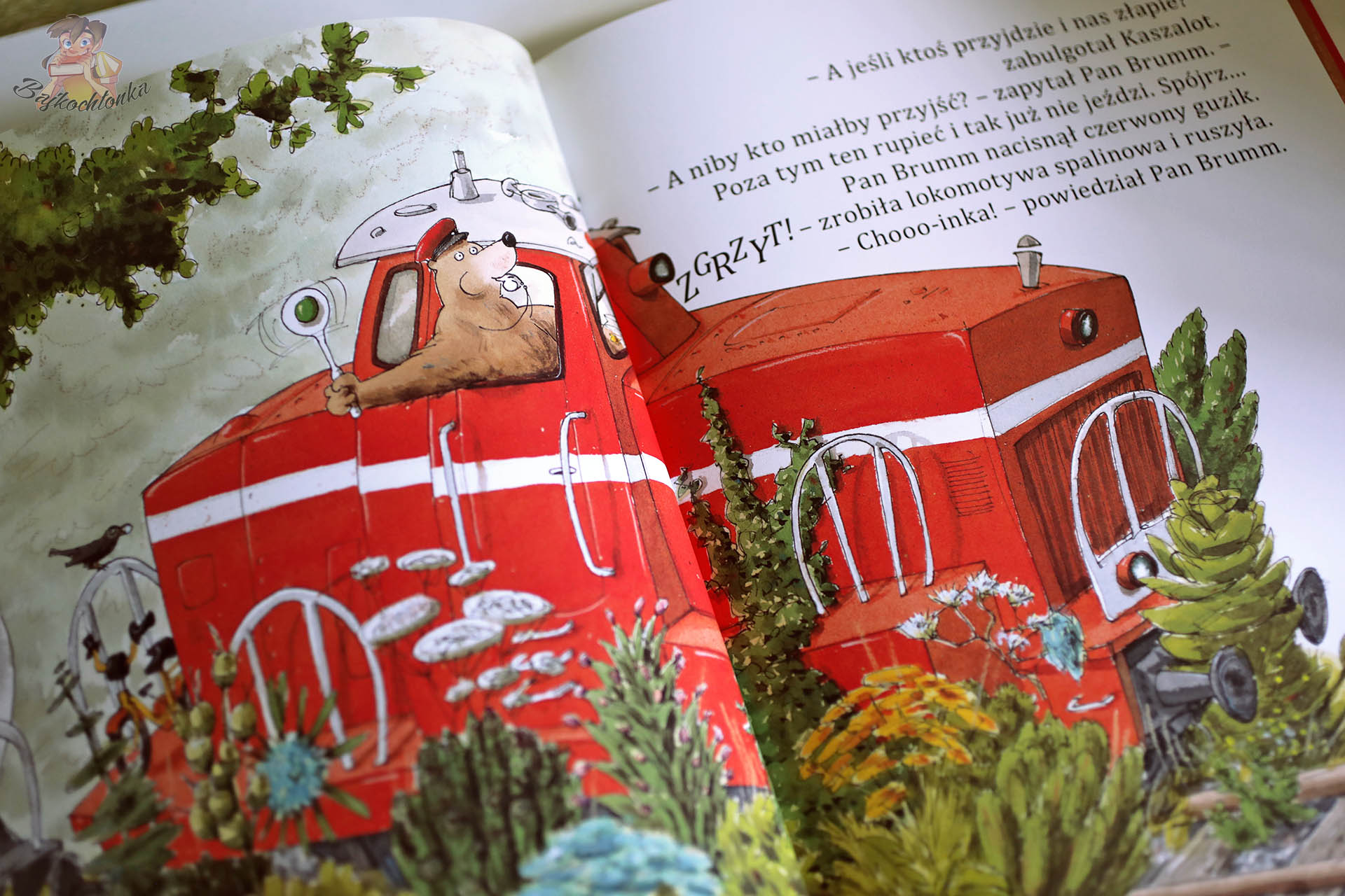 Pan Brumm prowadzi lokomotywę w książce „Pan Brumm jedzie pociągiem”