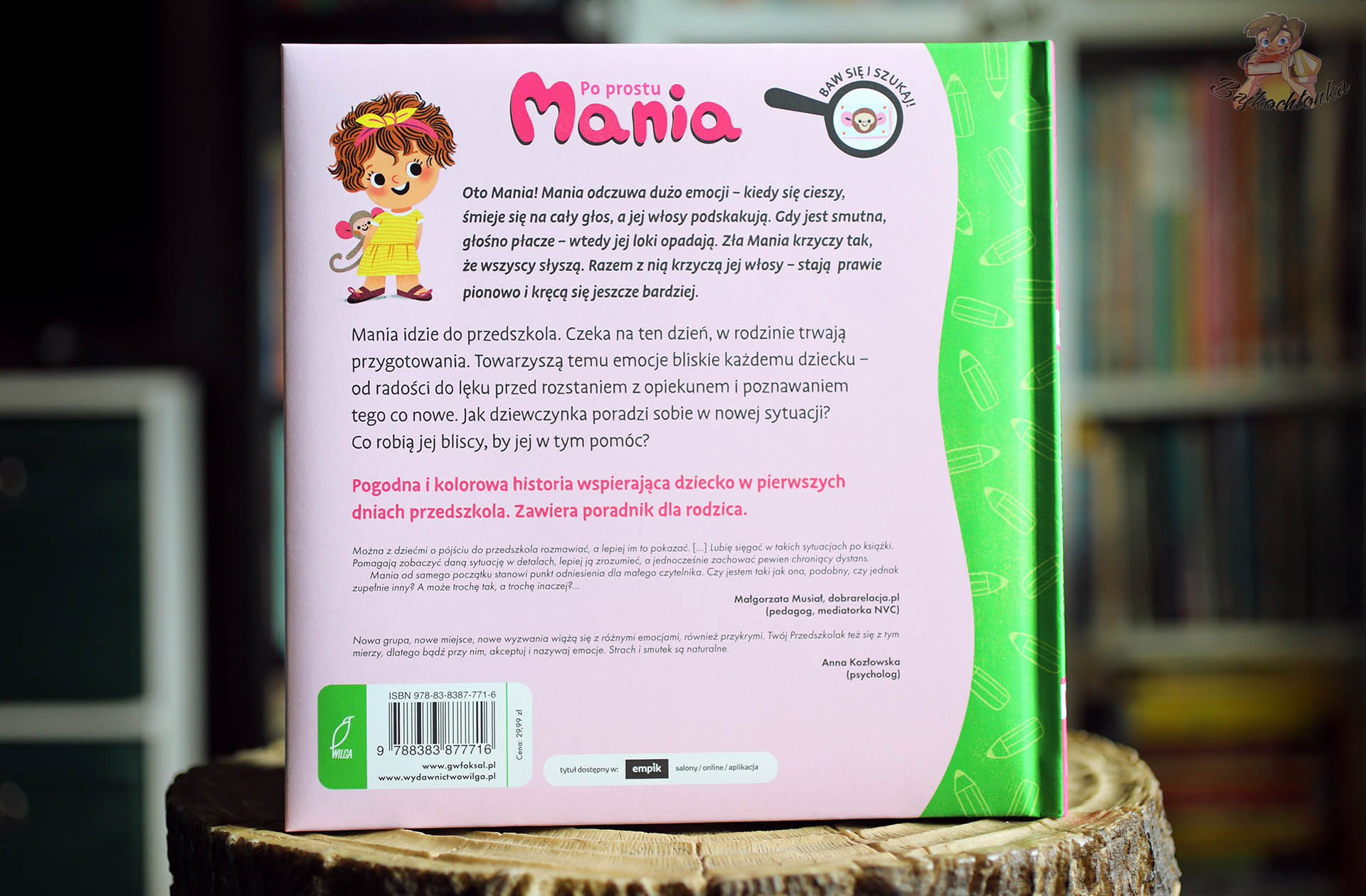 Tył okładki z opisem i rekomendacjami — „Po prostu Mania. Witaj, przedszkole!”, Wydawnictwo Wilga