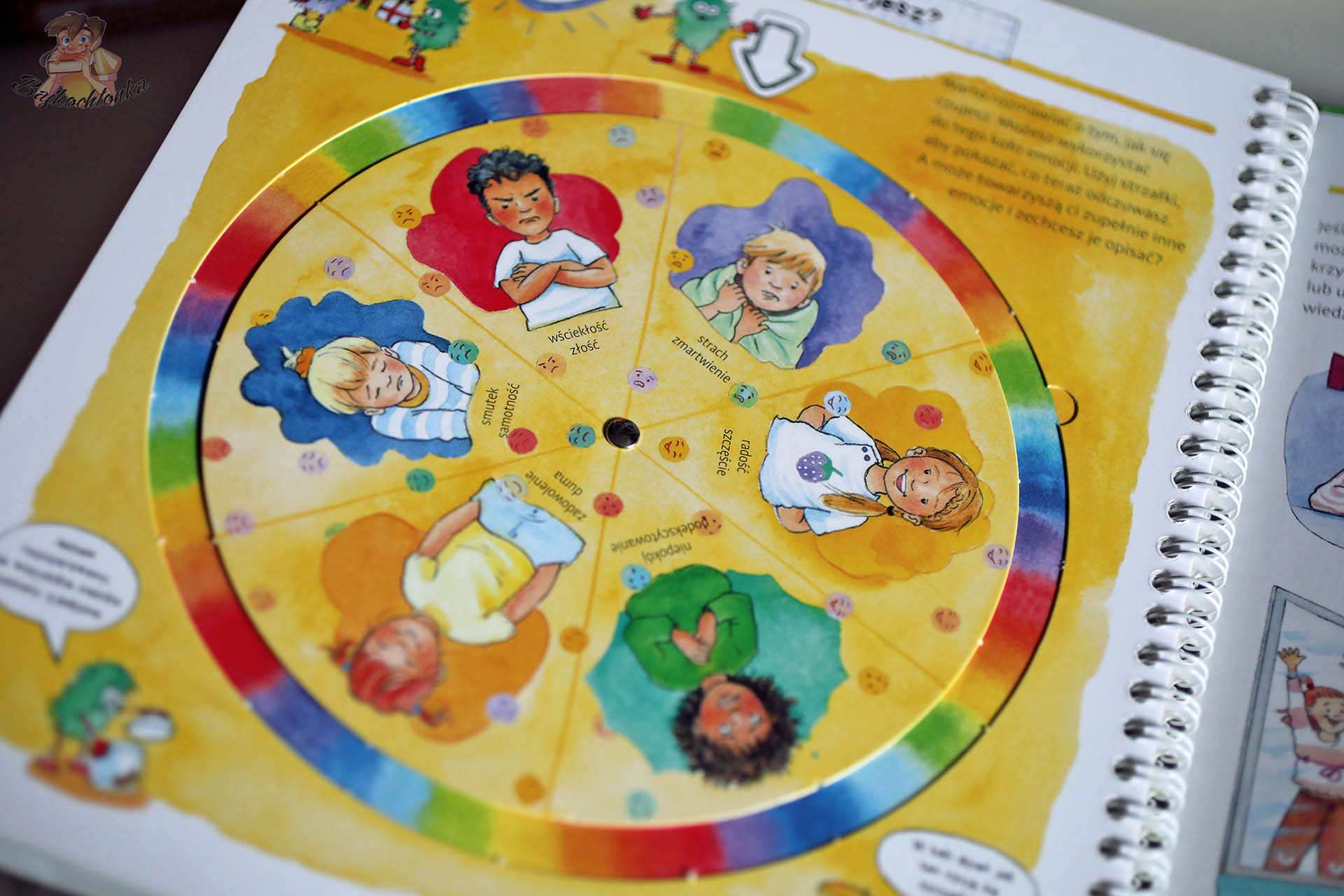 Koło emocji z książki Poznajemy emocje – narzędzie do rozmów o uczuciach dla dzieci 3+.