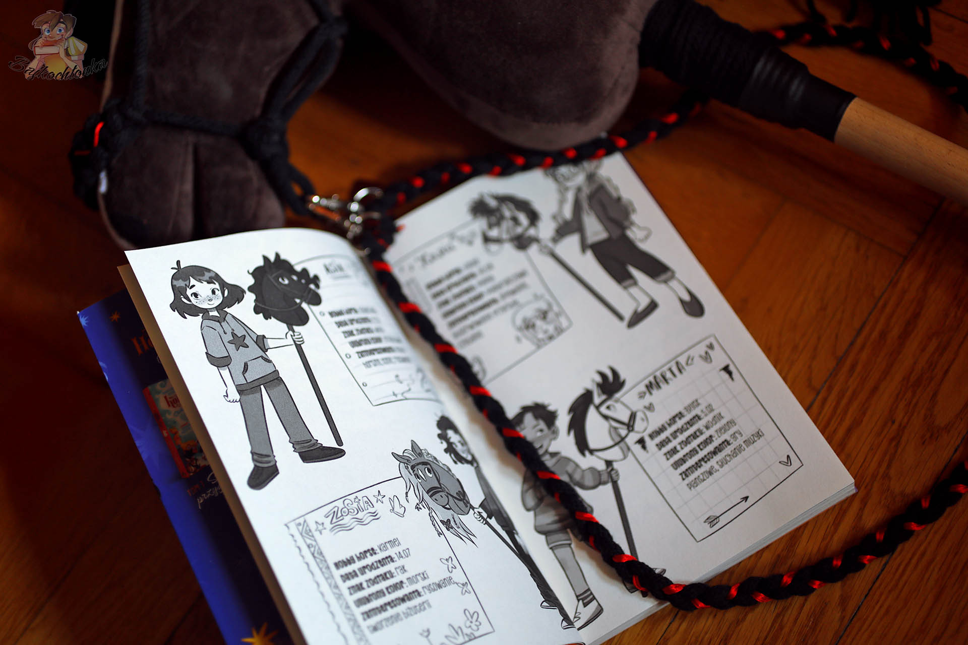 Rozkładówka z kartami postaci i leżącym hobby horse; Hobby horsing 3 – ilustracje Agnieszki Maszoty.