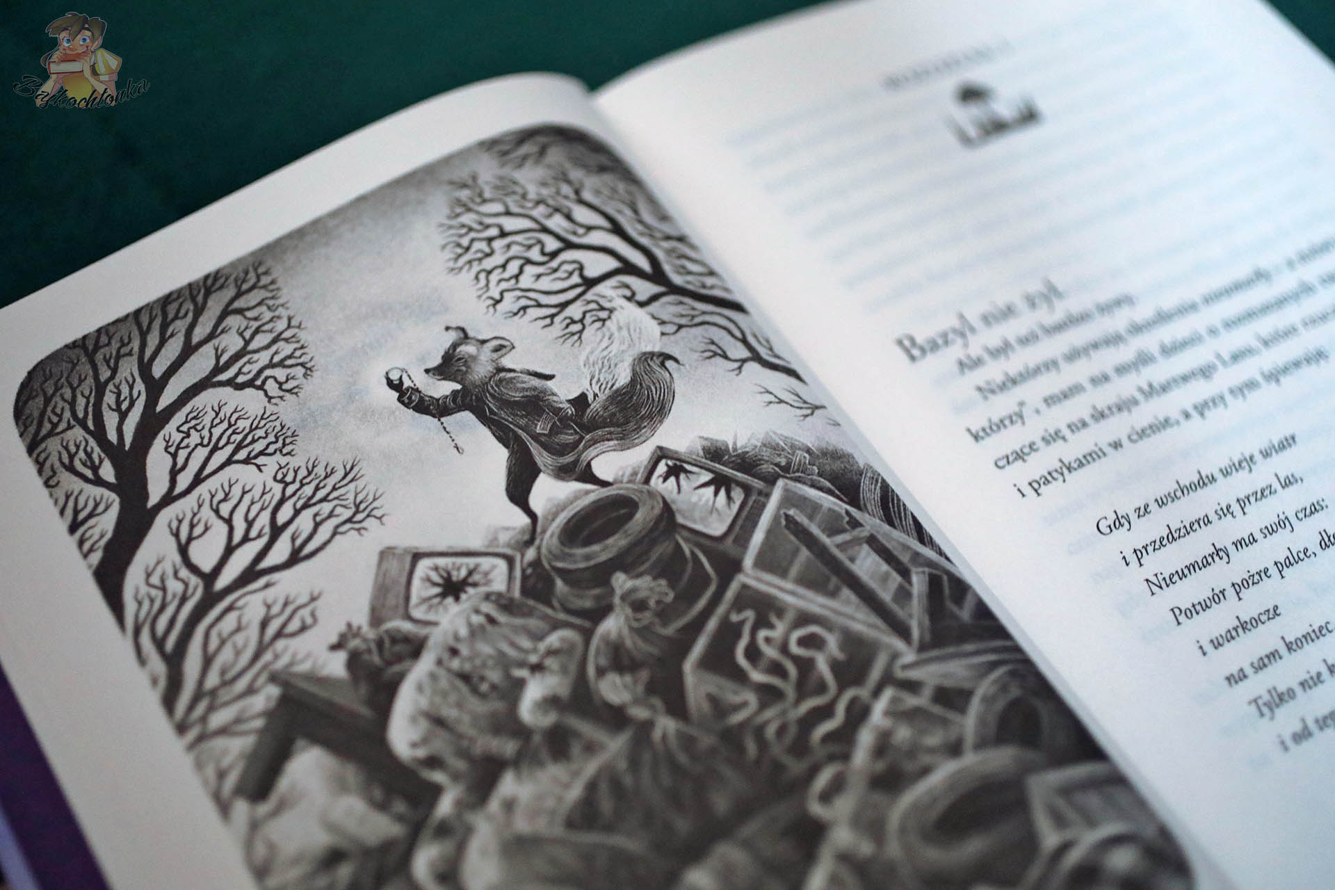 Lis z Martwego Lasu – Bazyl na stercie rupieci z tajemniczym światłem, czarno-biała plansza