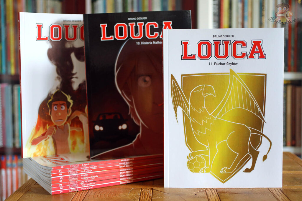 Okładki Louca tom 9 (Game over), tom 10 (Historia Nathana) i tom 11 (Puchar Gryfów) – zestaw