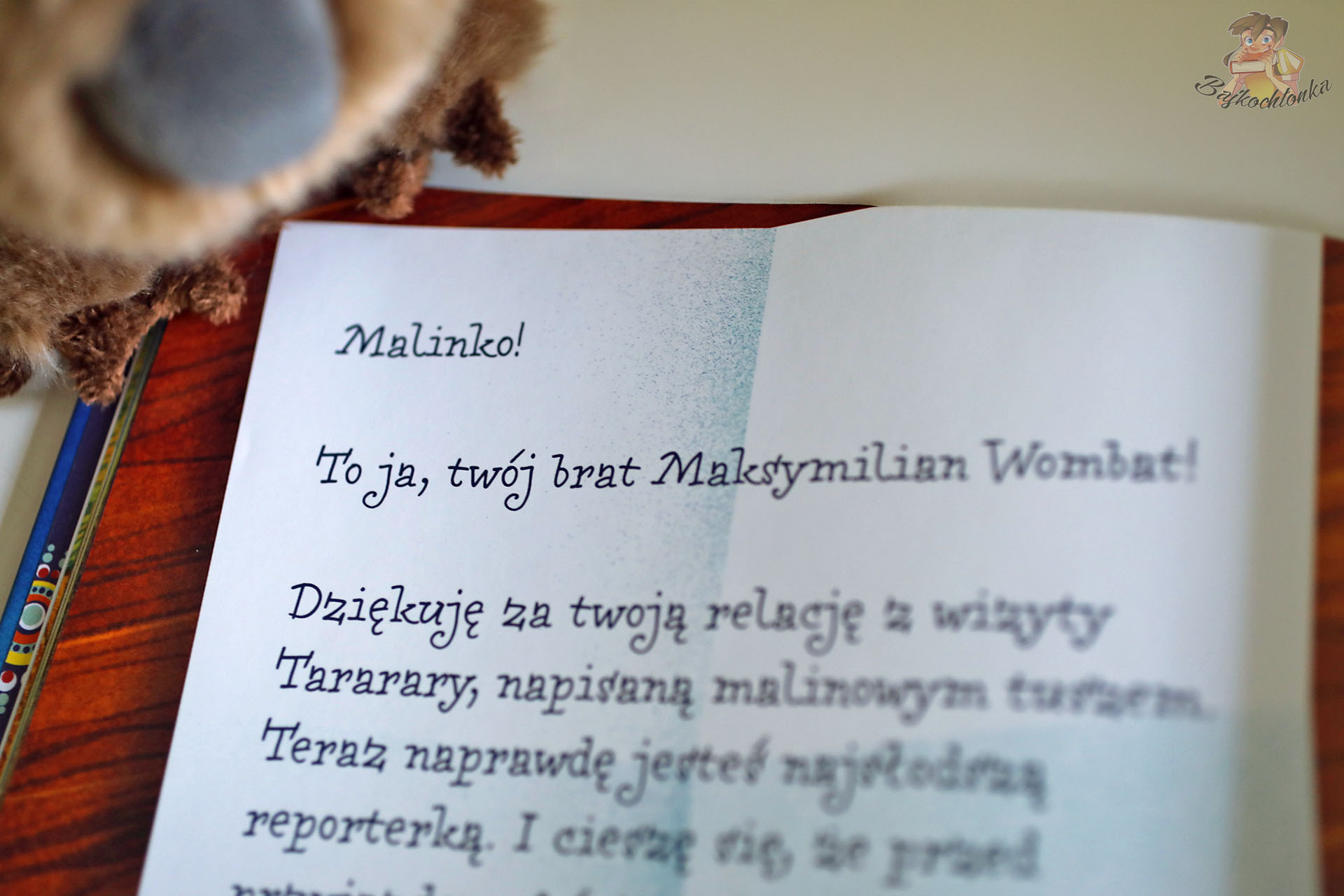 Wnętrze książki Malinka Wombat i Kapibara – list od Maksymiliana Wombata, fragment tekstu