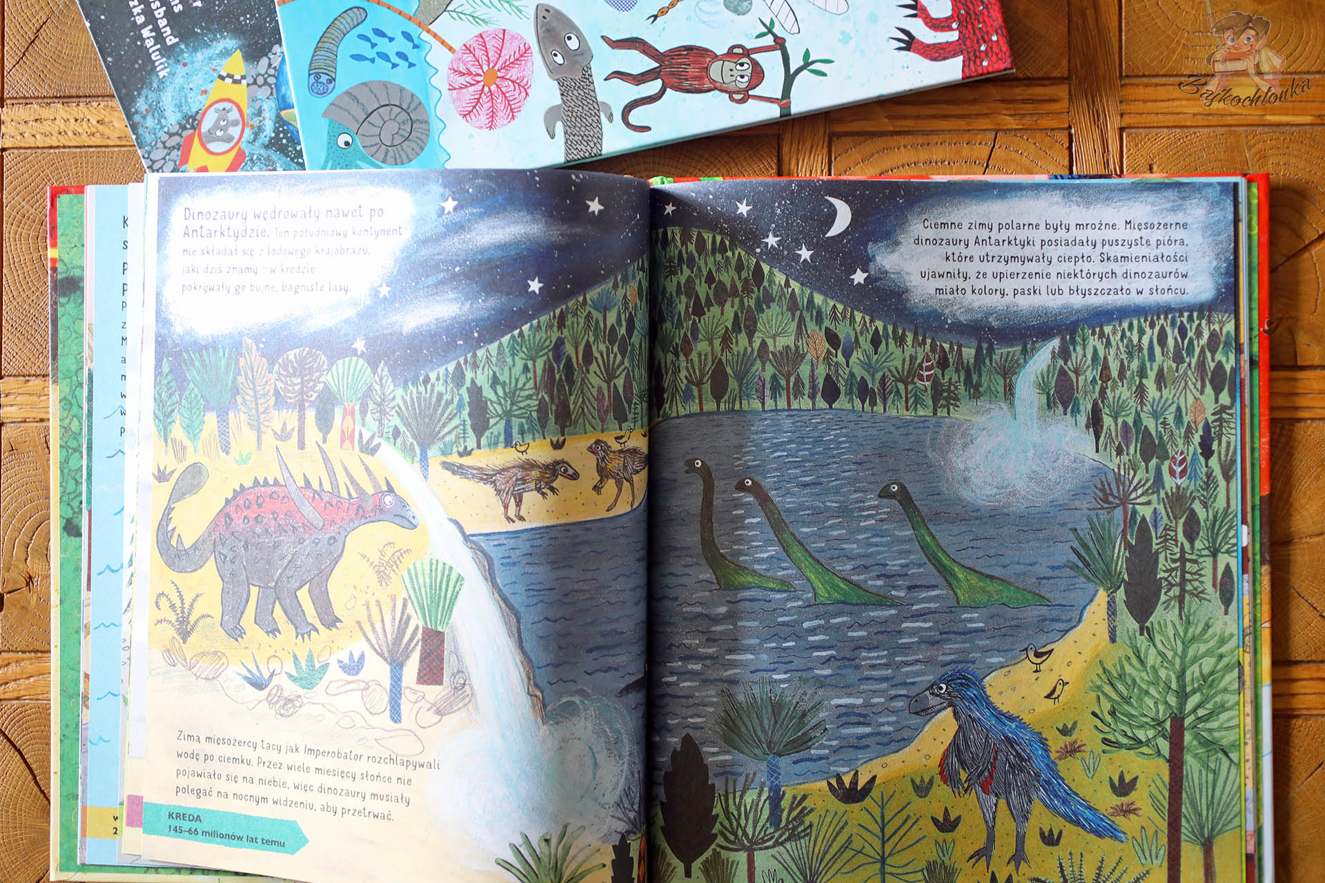 Rozkładówka z nocnym pejzażem pokazuje charakterystyczną, „charakterną” kreskę i narracyjne ilustracje tomów o dinozaurach.