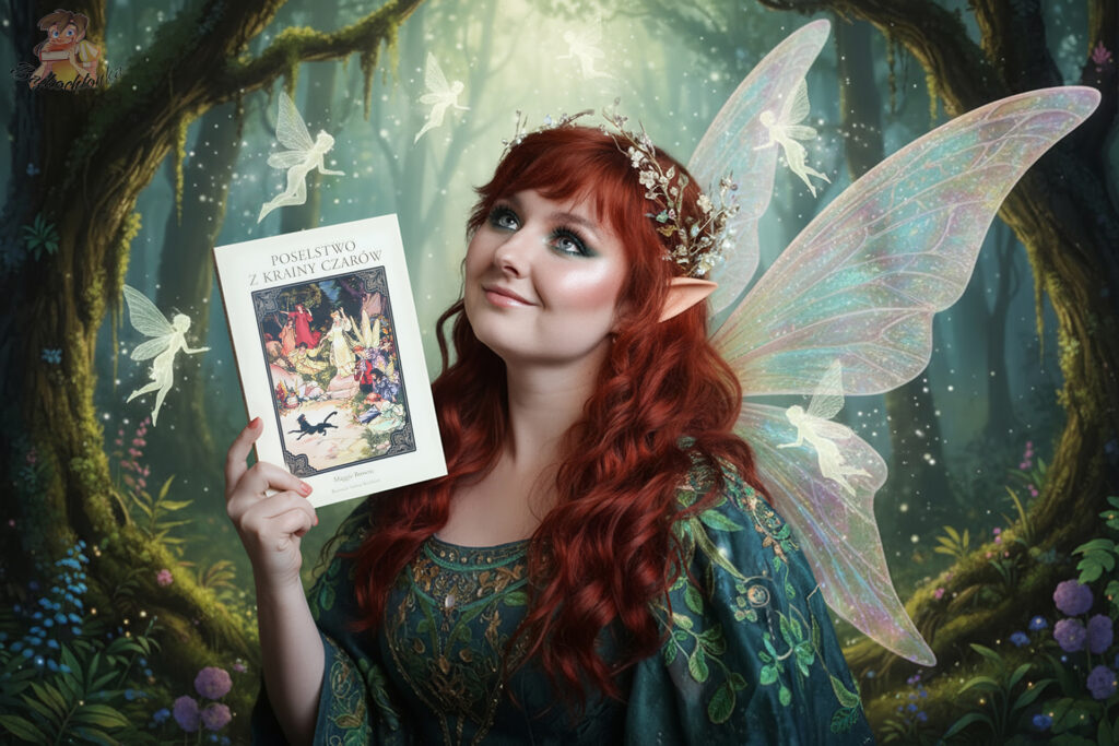 Bajkowa sesja – wróżka trzyma „Poselstwo z Krainy Czarów” (MODO) na tle leśnej krainy.