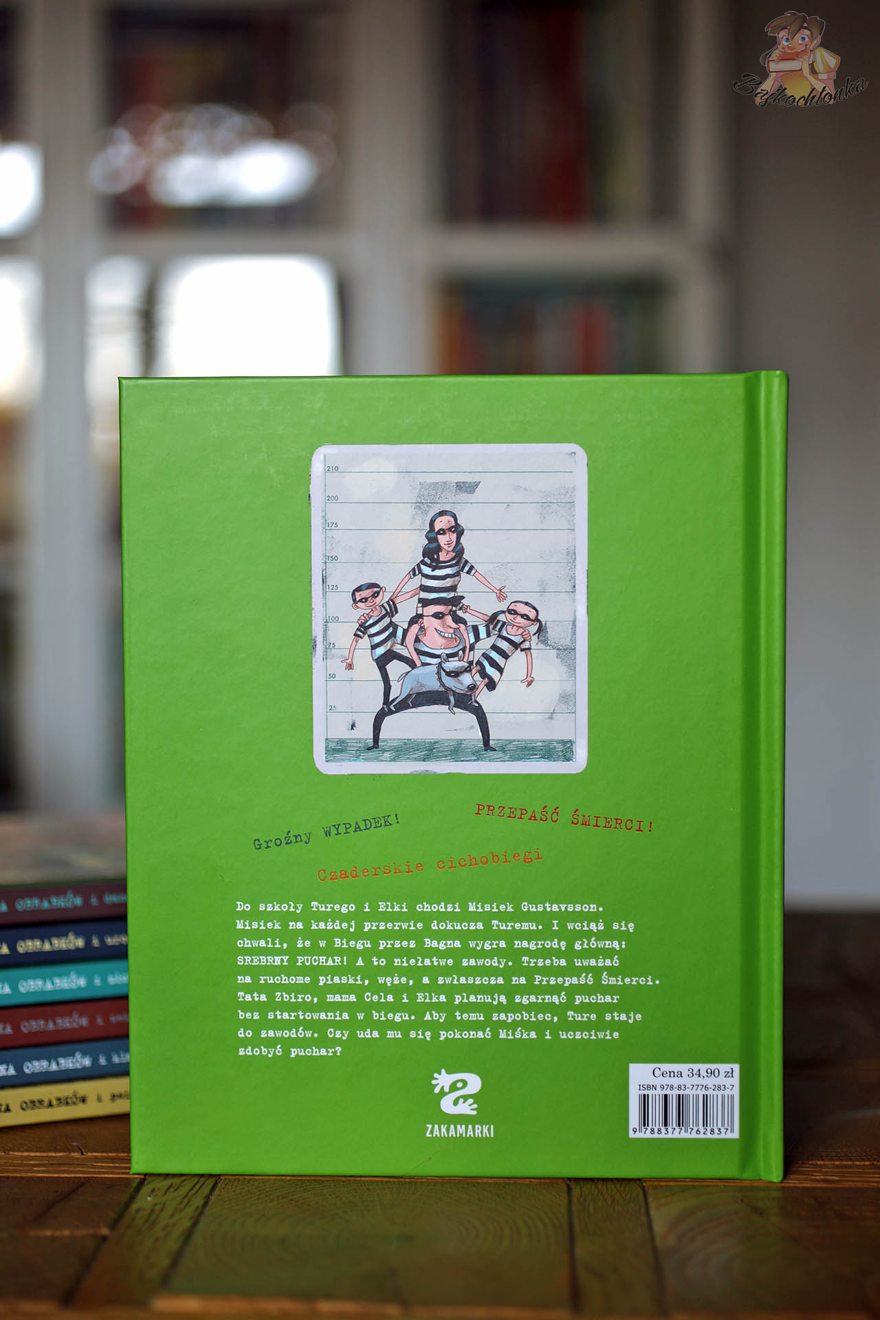 Tył okładki „Rodzina Obrabków i srebrny puchar” – zielona oprawa, opis fabuły i cena