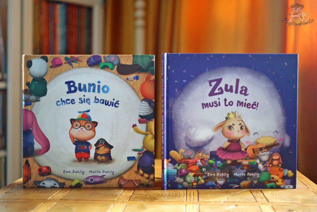 Dwie okładki książek z Doliny Tumilu: „Bunio chce się bawić” i „Zula musi to mieć!” – seria dla dzieci 3–7 lat, recenzja i polecenia dla rodziców.