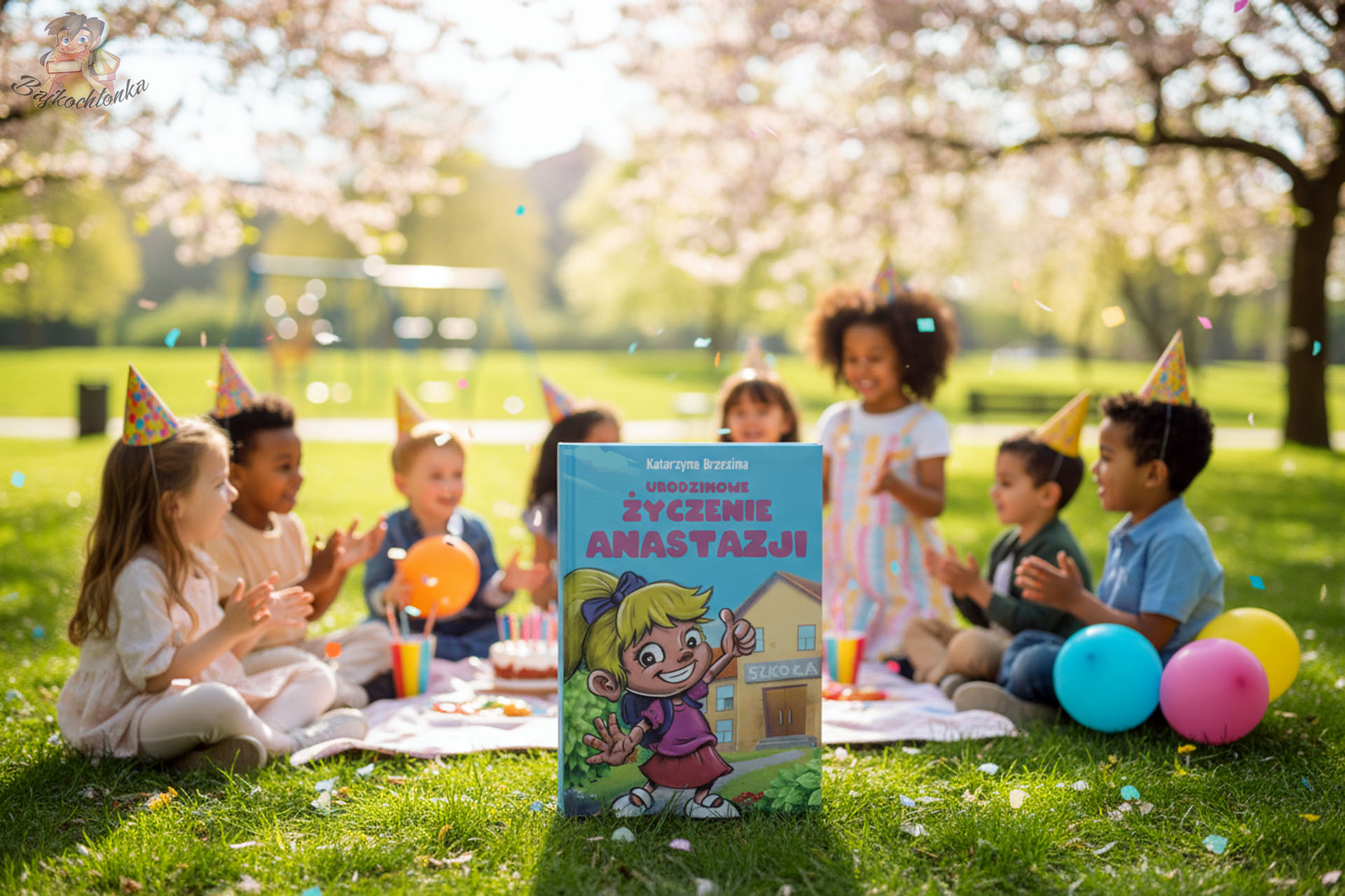 Urodzinowe życzenie Anastazji — książka na tle przyjęcia urodzinowego dzieci w parku