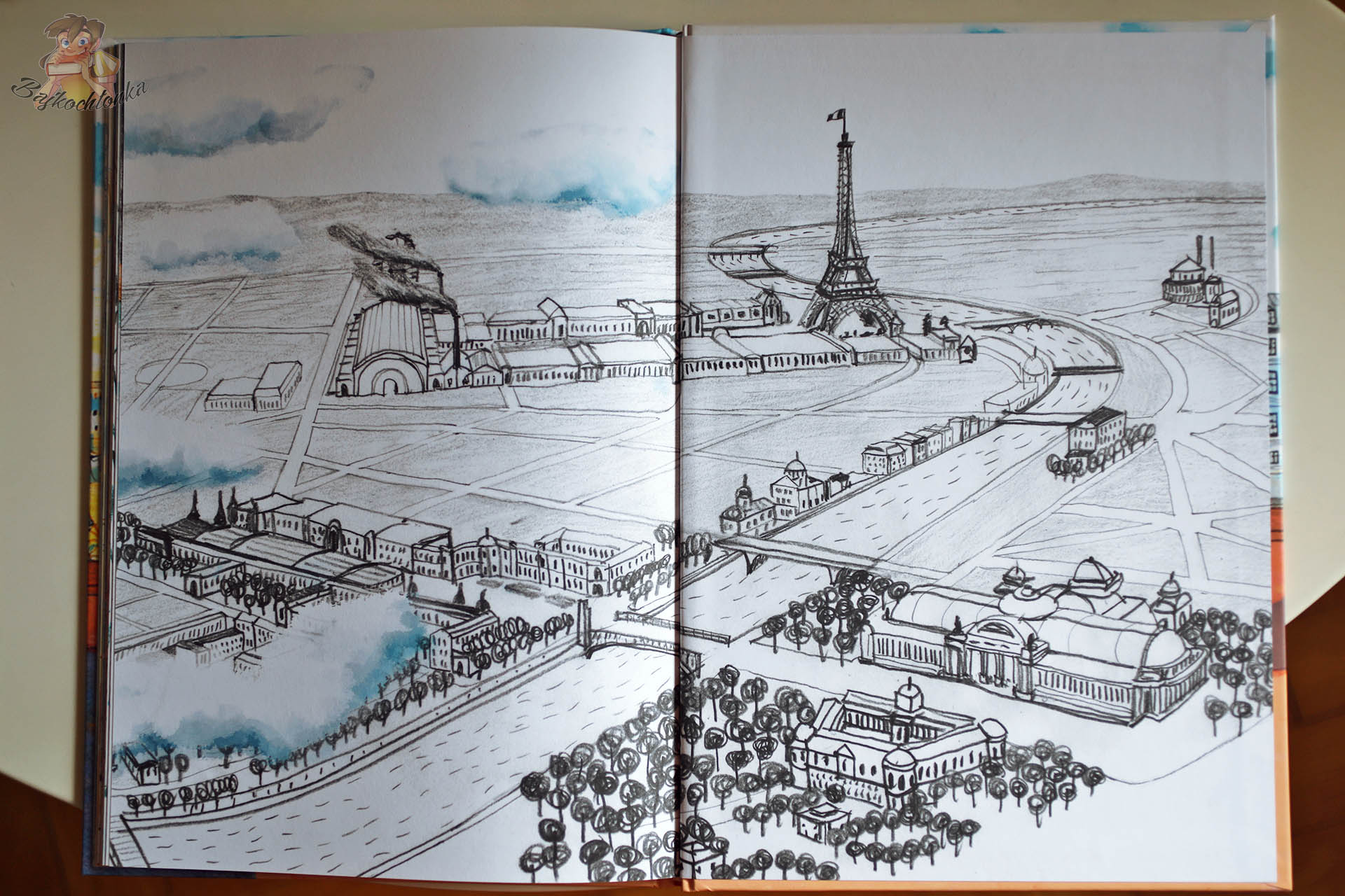 Widowisko – rozkładówka z mapą Paryża i panoramą z Wieżą Eiffla | ilustracja w stylu retro