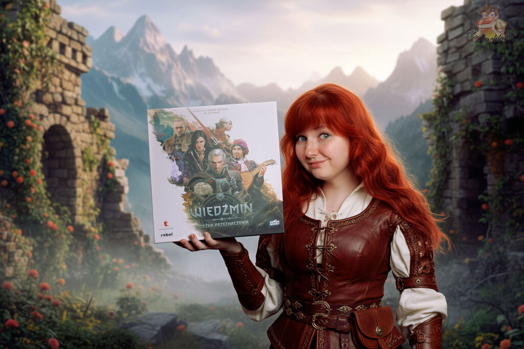Zdjęcie z dziewczyną trzymającą pudełko gry Wiedźmin Ścieżka Przeznaczenia.
