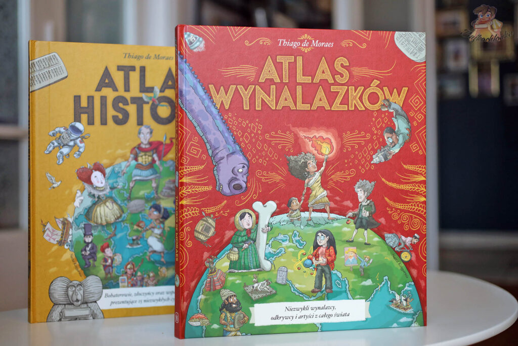 Okładka książki Atlas wynalazków Thiago de Moraesa z Atlasem historii w tle