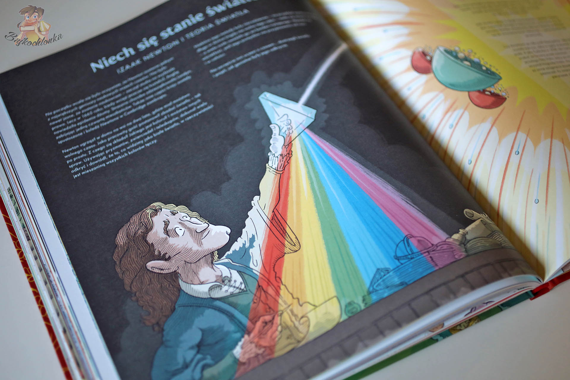 Ilustracja Isaaca Newtona z pryzmatem rozszczepiającym światło w książce Atlas wynalazków