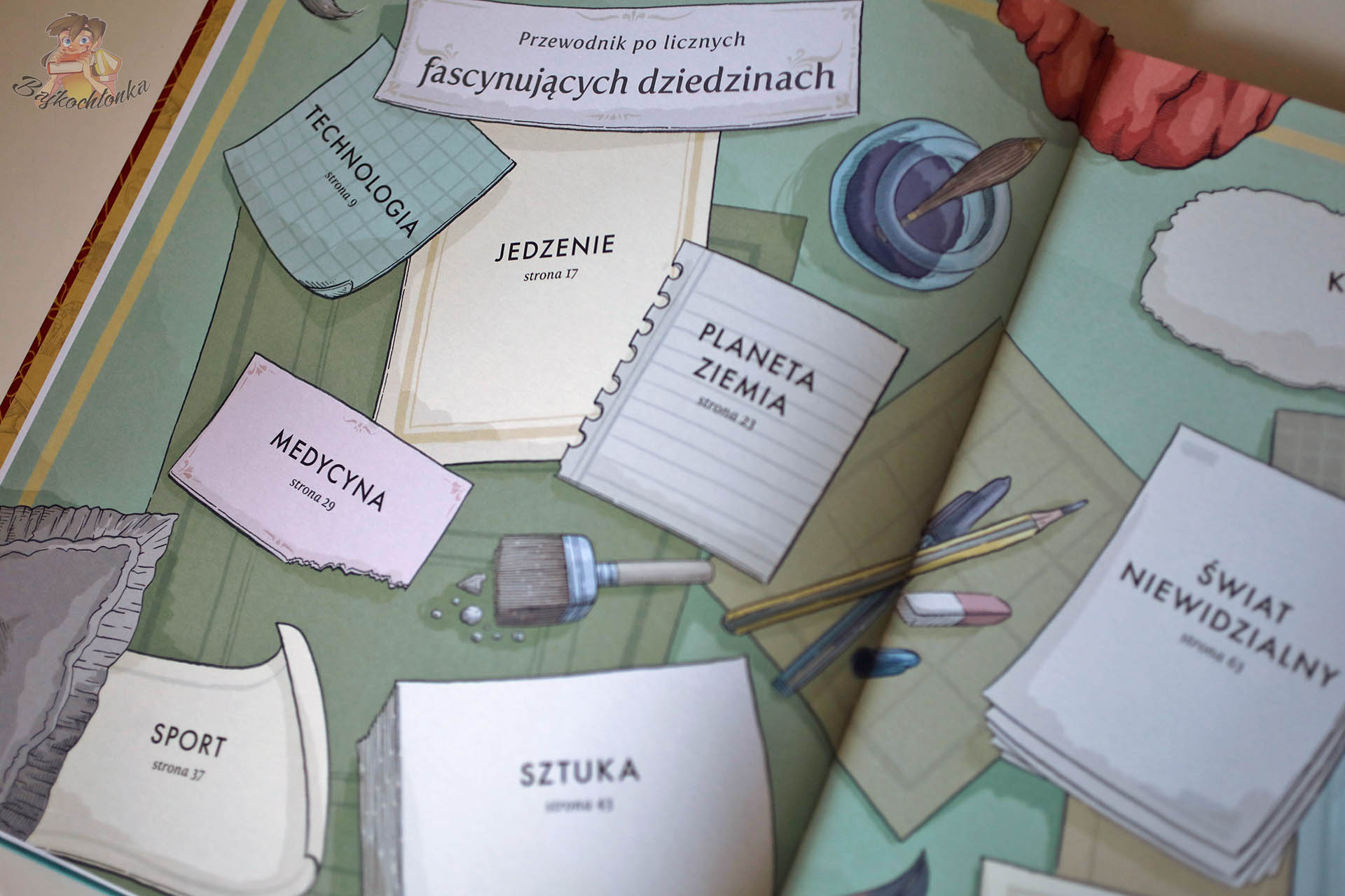 Ilustracja ze spisem fascynujących dziedzin w Atlasie wynalazków, m.in. technologia, medycyna i planeta Ziemia