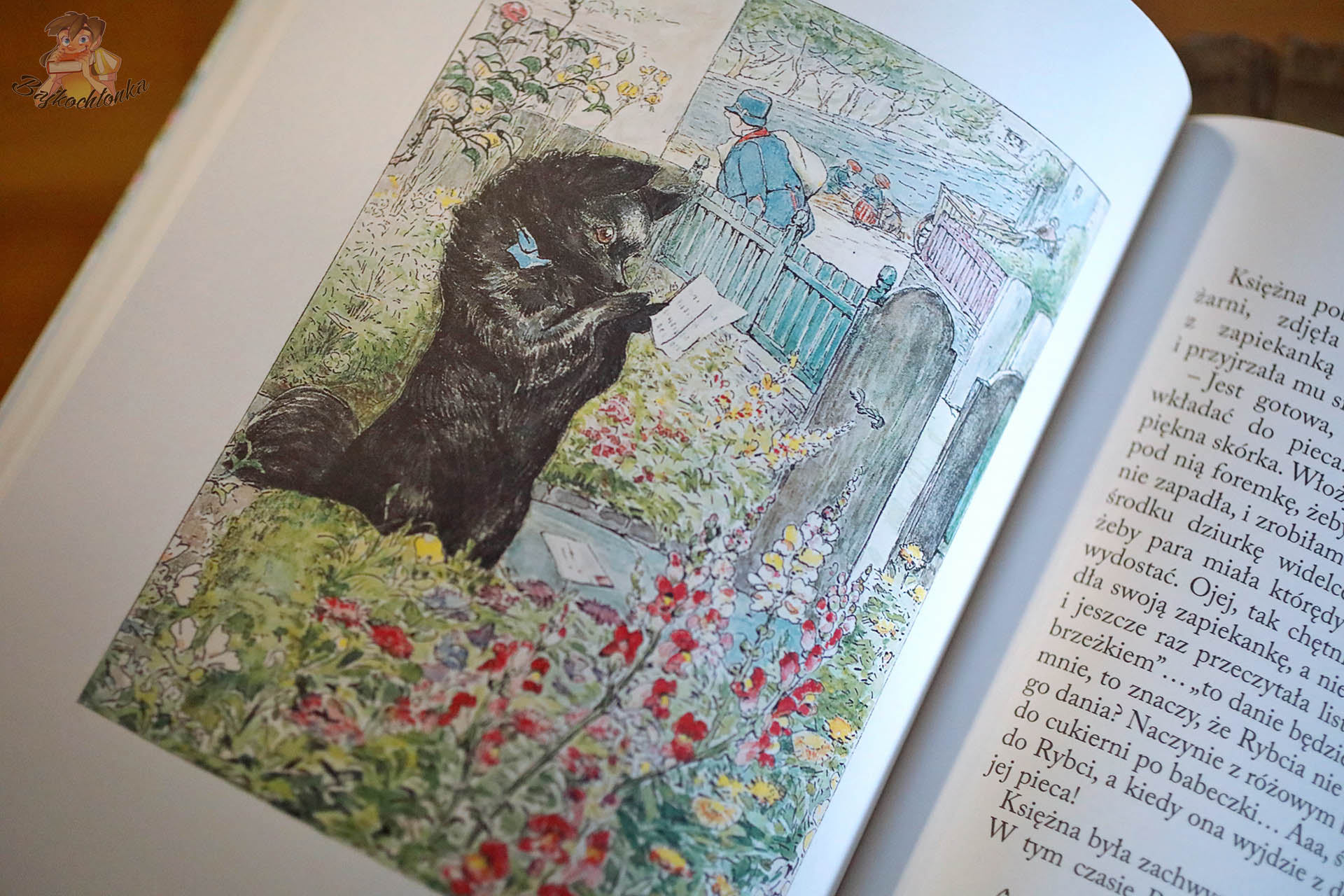 Ilustracja Beatrix Potter – czarny kot czyta list w ogrodzie; barwne detale roślin z wydania zbiorczego.