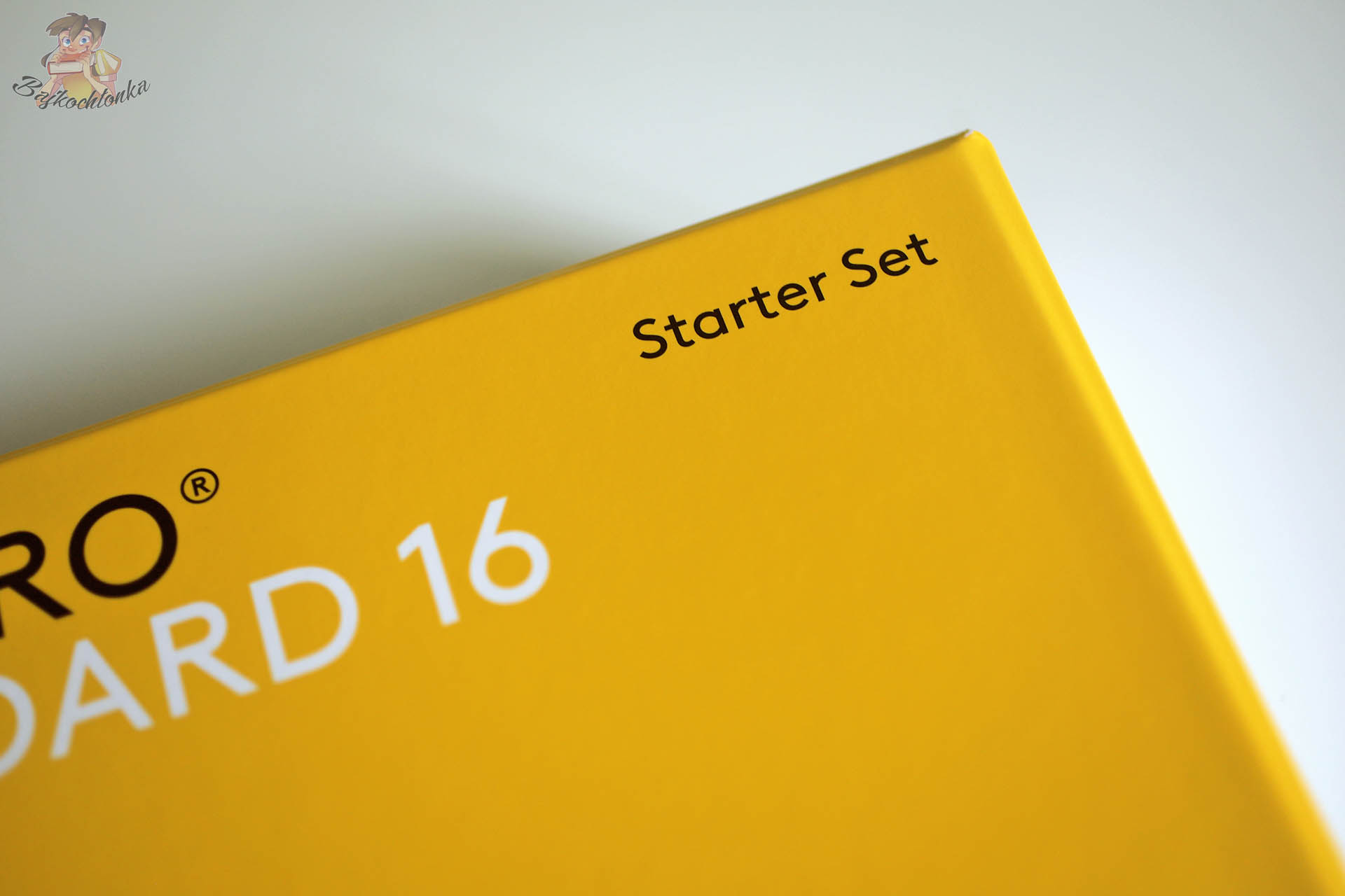 Zbliżenie na róg żółtego pudełka Cuboro Standard 16 z napisem Starter Set