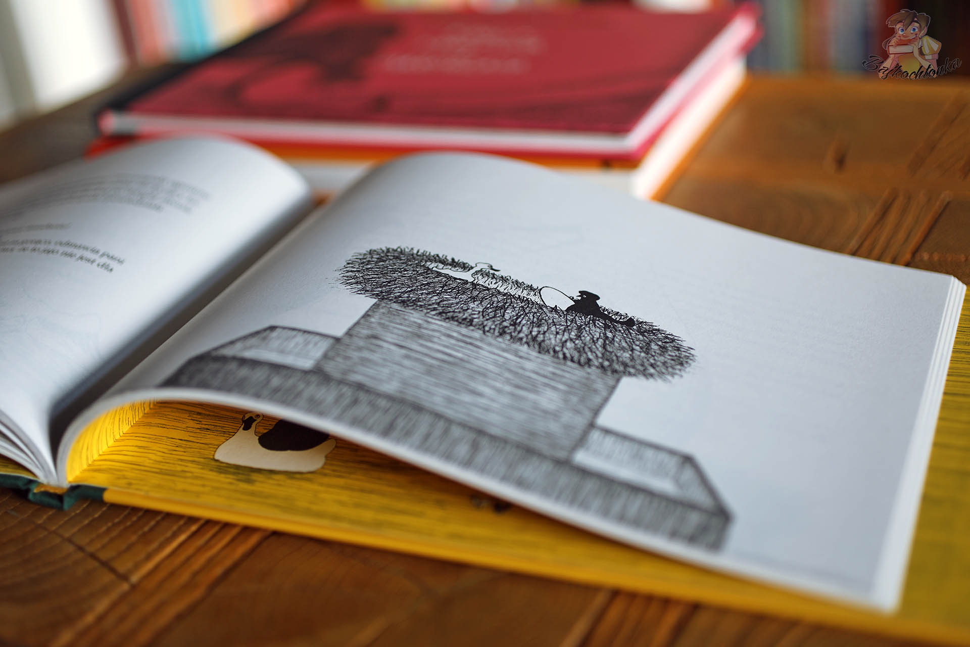 Kura i kaczor – czarno-biała ilustracja w gnieździe na wieży