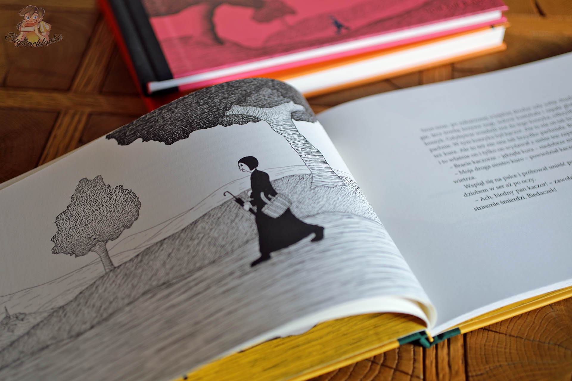 Kura i kaczor – ilustracja starej wieśniaczki idącej z koszykiem