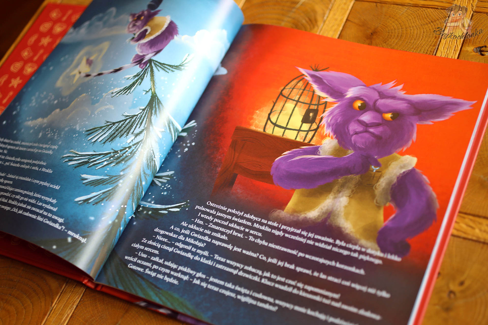 Mruklin trzyma skradzioną Gwiazdkę i stoi przy stole z latarnią, ilustracja z książki Mruklin kradnie Gwiazdkę