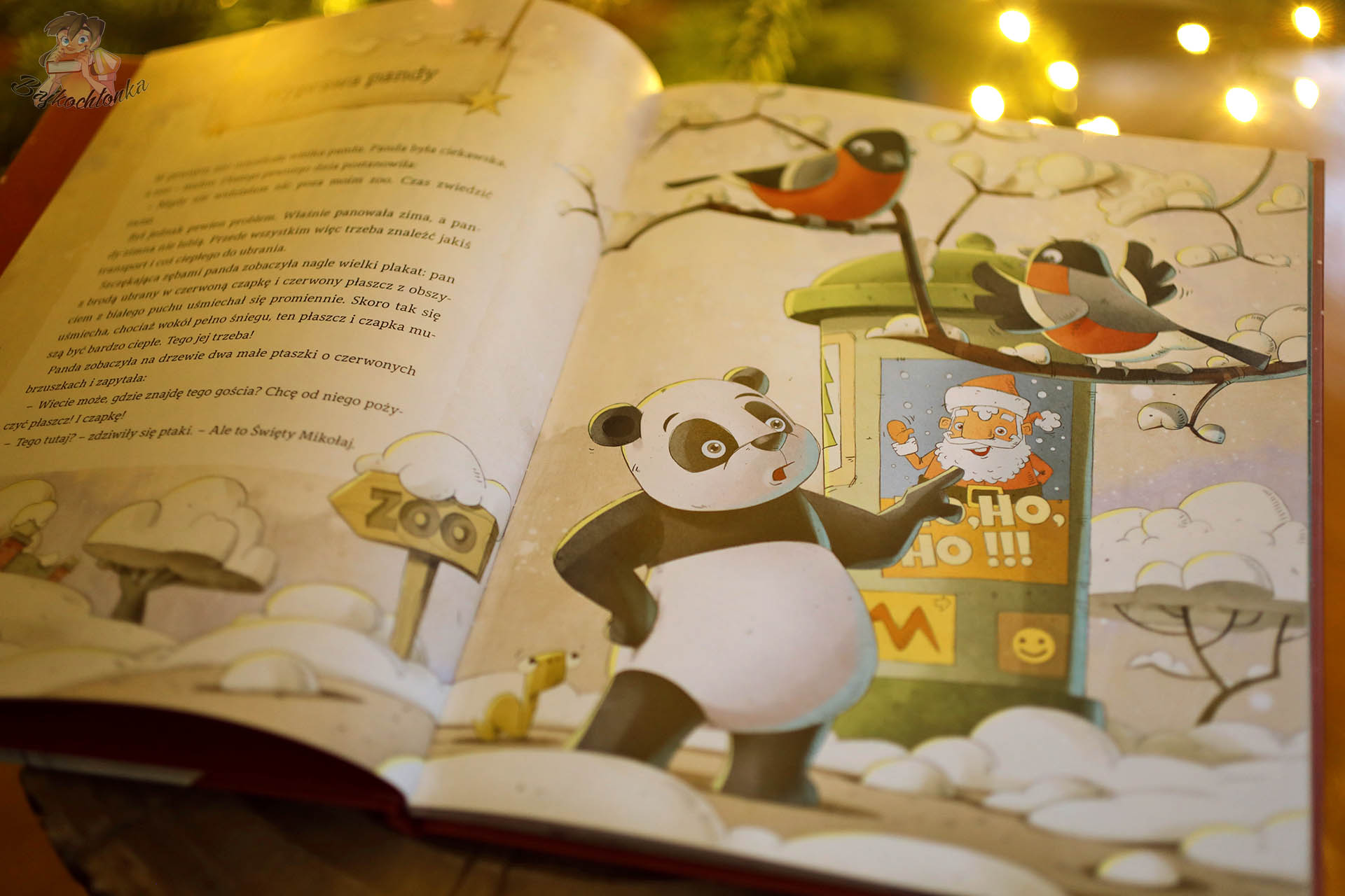 Panda patrząca na plakat Świętego Mikołaja przed zoo w książce Pandyczne święta