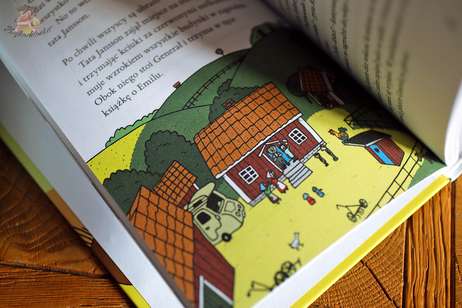 Kolorowa ilustracja z serii Z rodziną Janssonów – wiejski domek z czerwonym dachem i podwórko pełne szczegółów