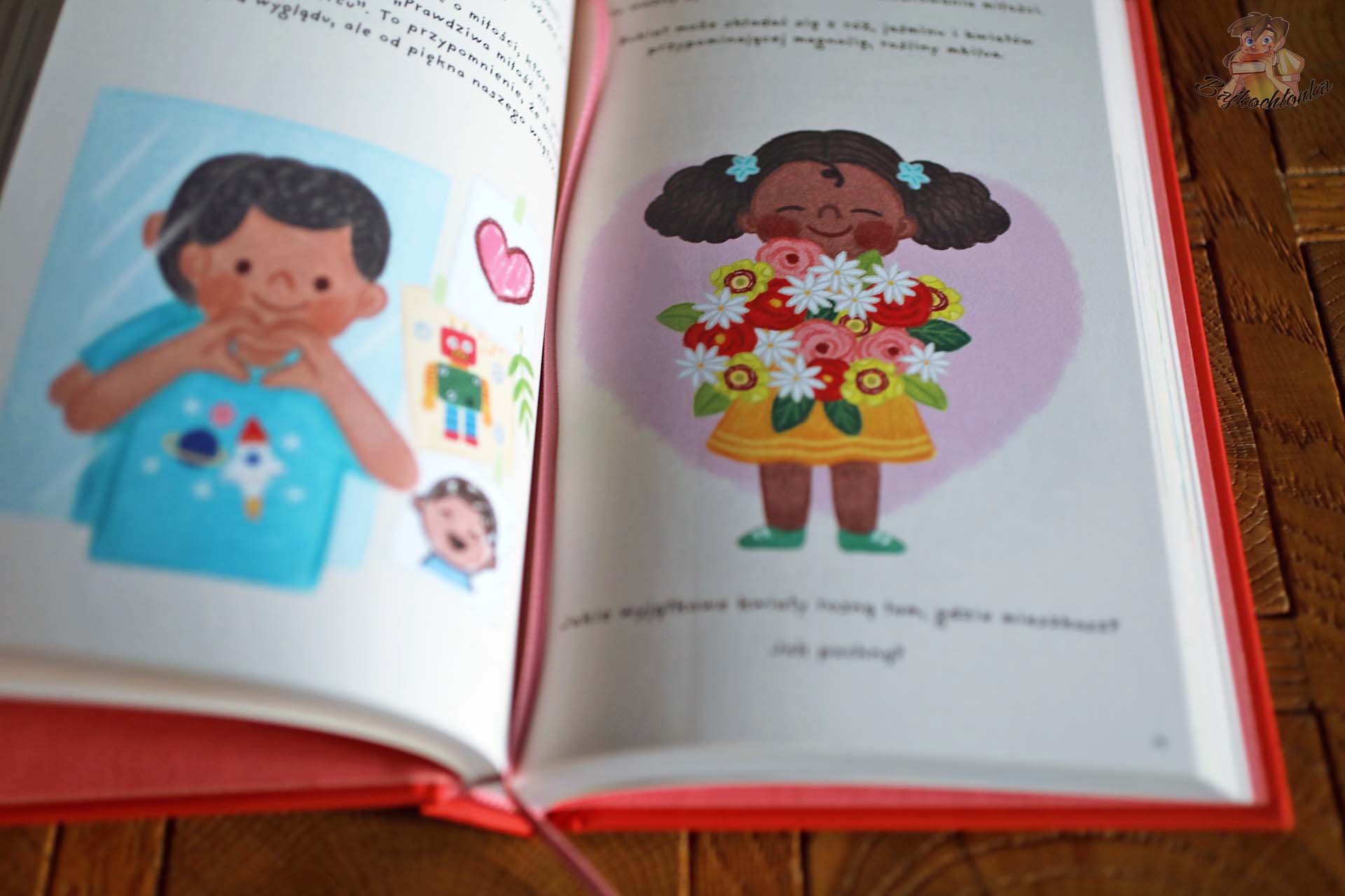 Książeczka pełna miłości – dziewczynka z bukietem kwiatów na ilustracji