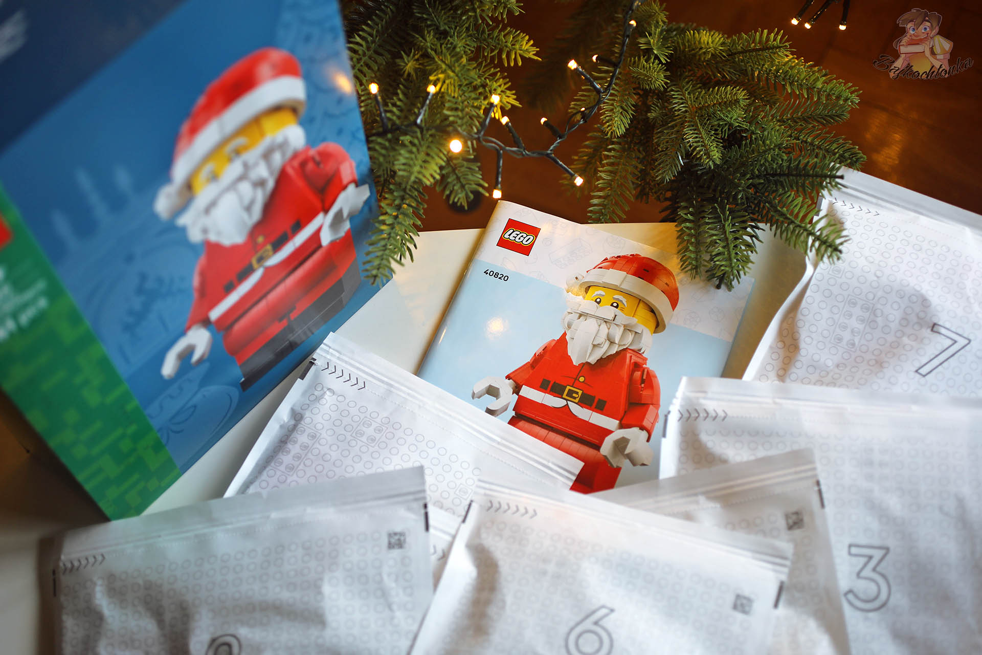 Instrukcja LEGO 40820 oraz ponumerowane woreczki z klockami zestawu Powiększona minifigurka Świętego Mikołaja