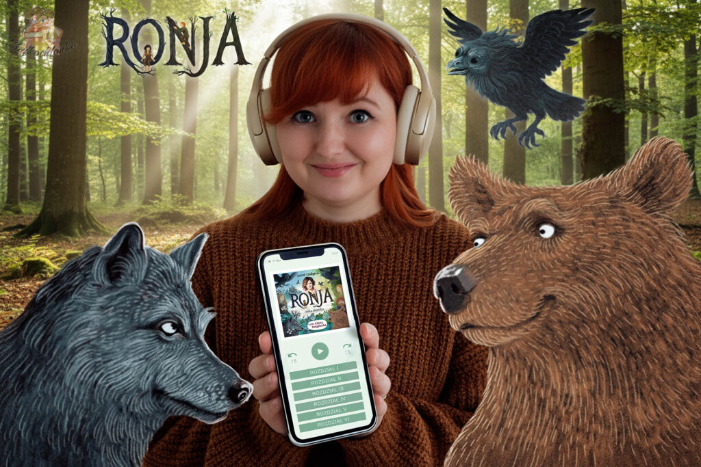 Audiobook Ronja, córka zbójnika – słuchanie w otoczeniu ilustracji zwierząt i logotypu Ronja