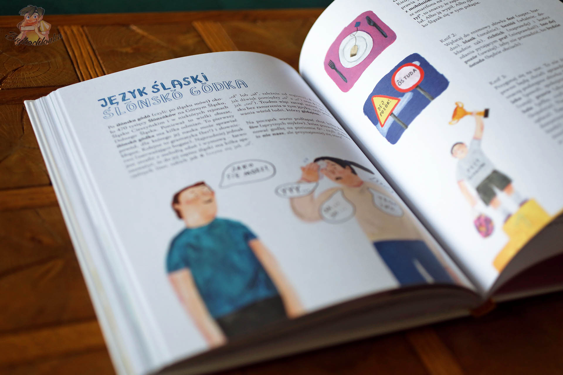 Rozkładówka o języku śląskim w książce Gwarno z ilustracjami Agi Proboli i przykładowymi słowami