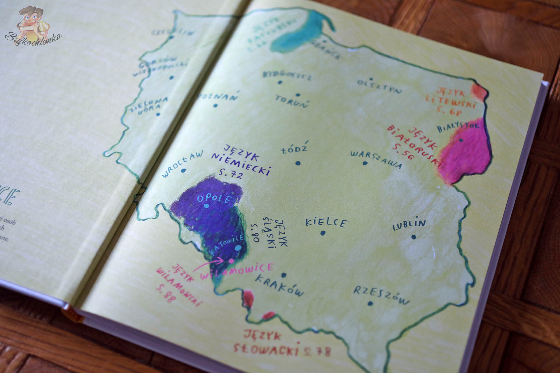 Mapa w książce Gwarno pokazująca, jakie języki i gwary występują w Polsce