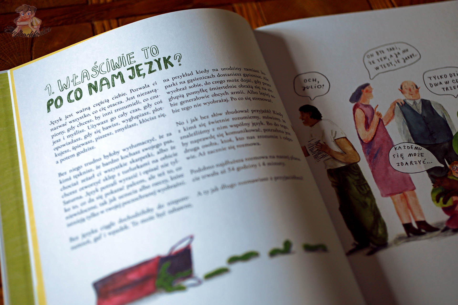 Rozkładówka z książki Gwarno wyjaśniająca, czym jest język i dlaczego jest nam potrzebny