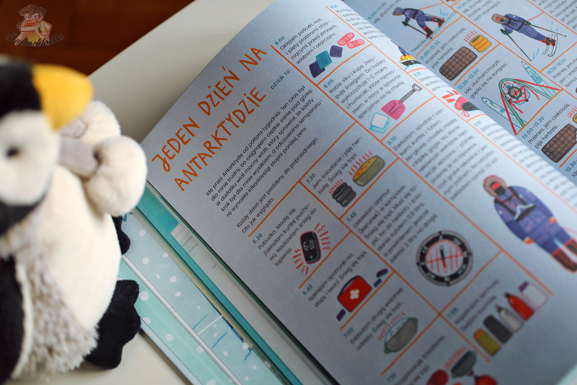 Jeden dzień na Antarktydzie – infografika pokazująca codzienność podróżnika w książce Mateusza Waligóry