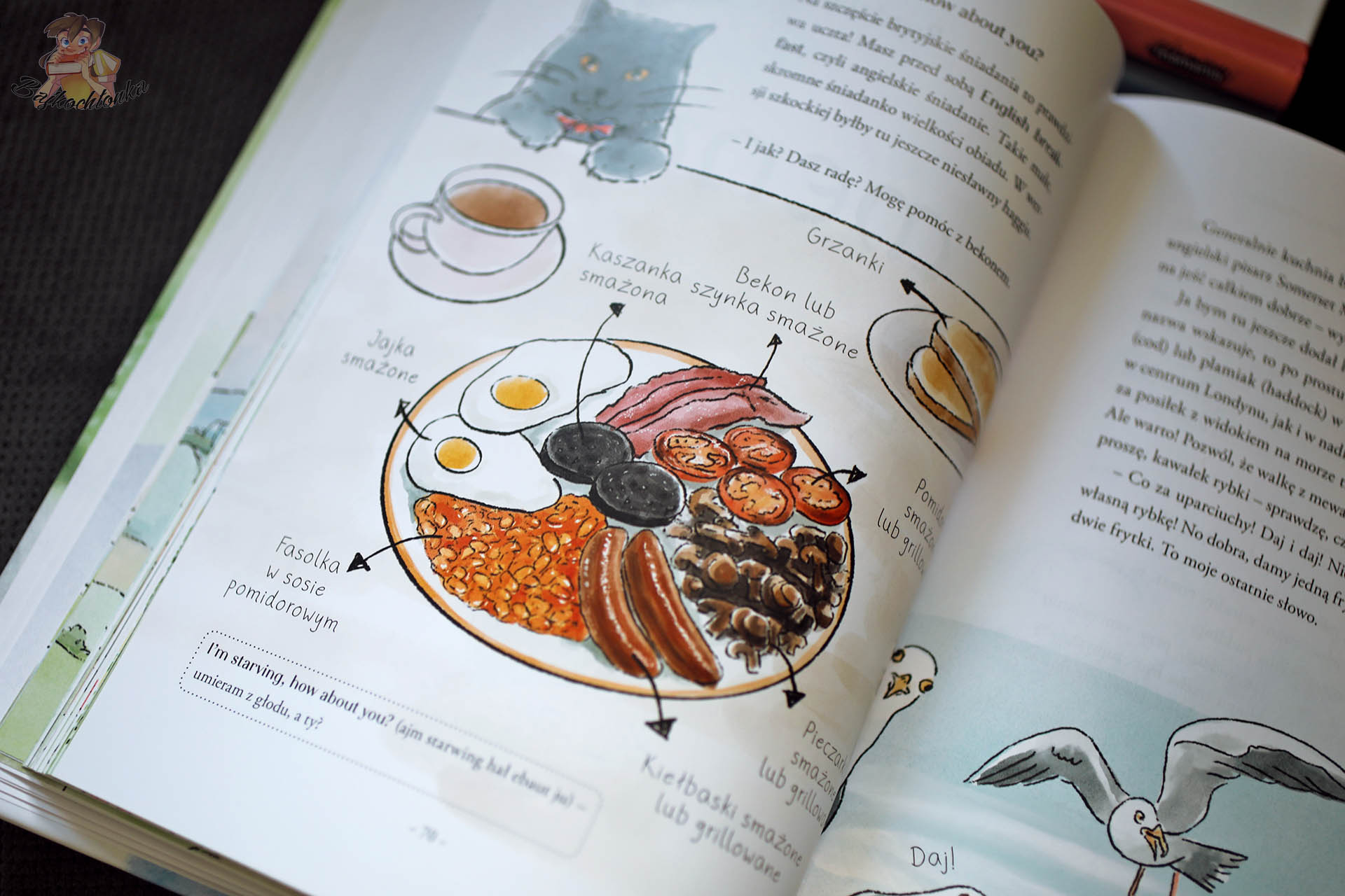 Ilustracja angielskiego śniadania w książce Kocie Ścieżki. Wielka Brytania