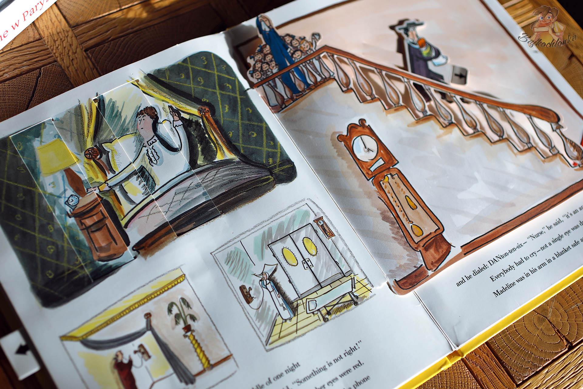 Wnętrze domu Madeline z ruchomymi elementami w książce Madeline. A Pop-Up Book