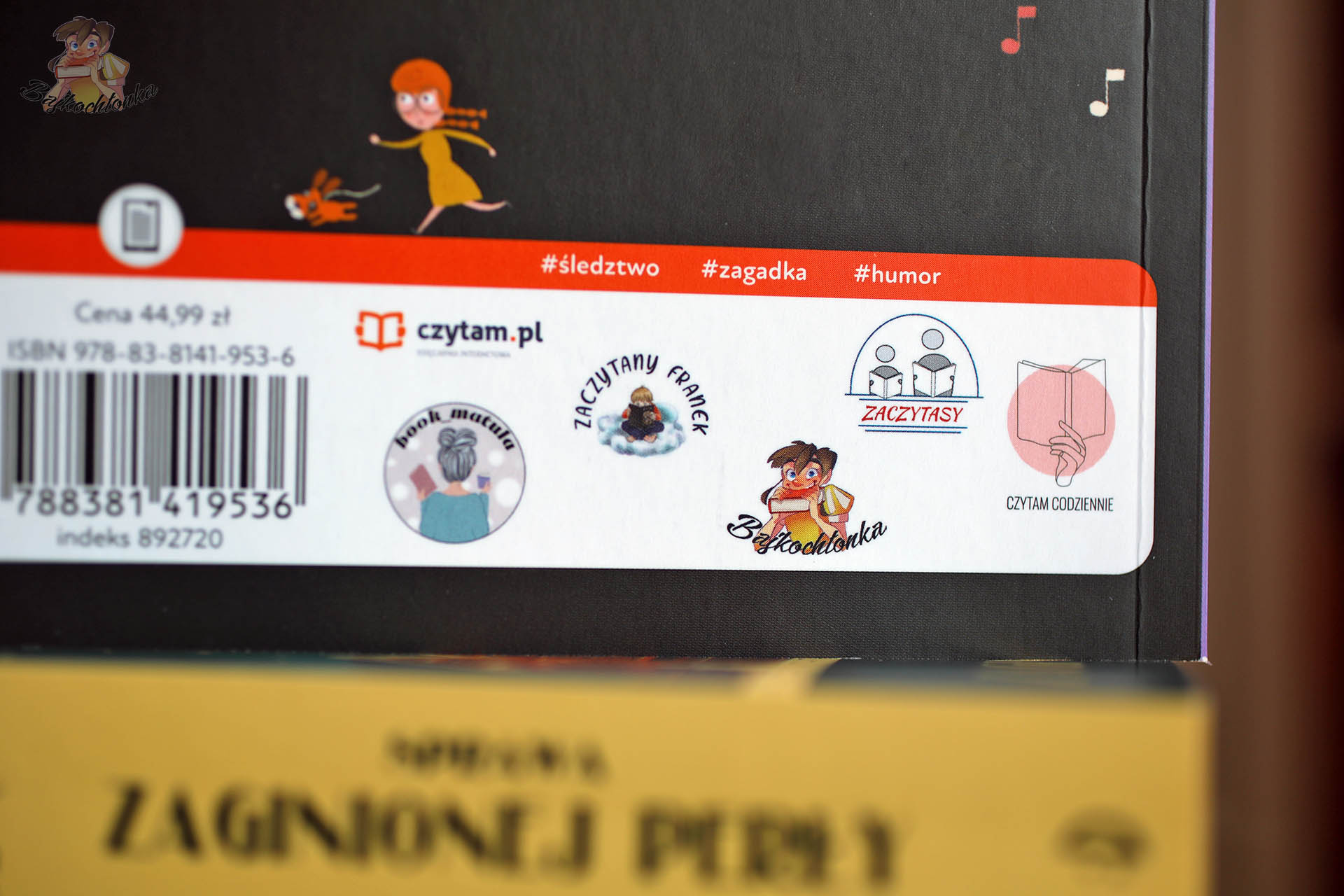 Tył okładki książki Roryk. Nieśmiały detektyw. Porwanie córki Króla Sosów z widocznym patronatem Bajkochłonki