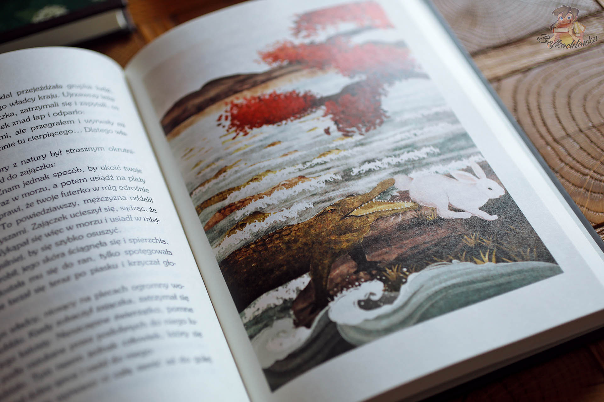 Baśnie japońskie Wydawnictwo Kirin – ilustracja białego zająca i krokodyla nad morzemBaśnie japońskie Wydawnictwo Kirin – ilustracja białego zająca i krokodyla nad morzem