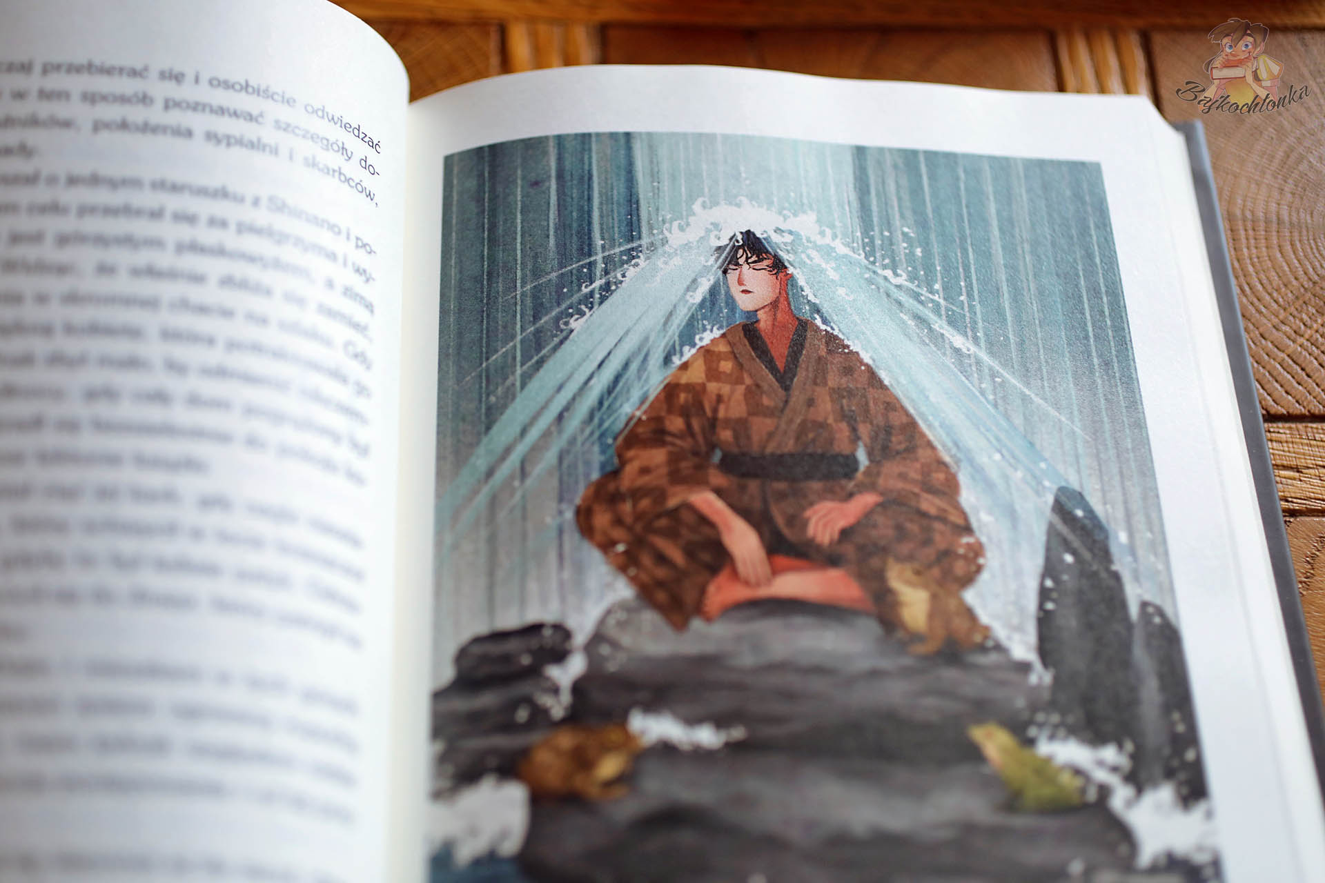 Baśnie japońskie Wydawnictwo Kirin – ilustracja mężczyzny medytującego pod wodospadem