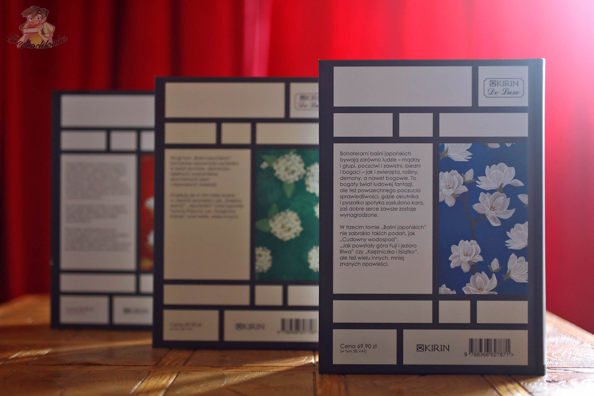 Baśnie japońskie Wydawnictwo Kirin – trzy tomy w twardej oprawie, widok tylnych okładek
