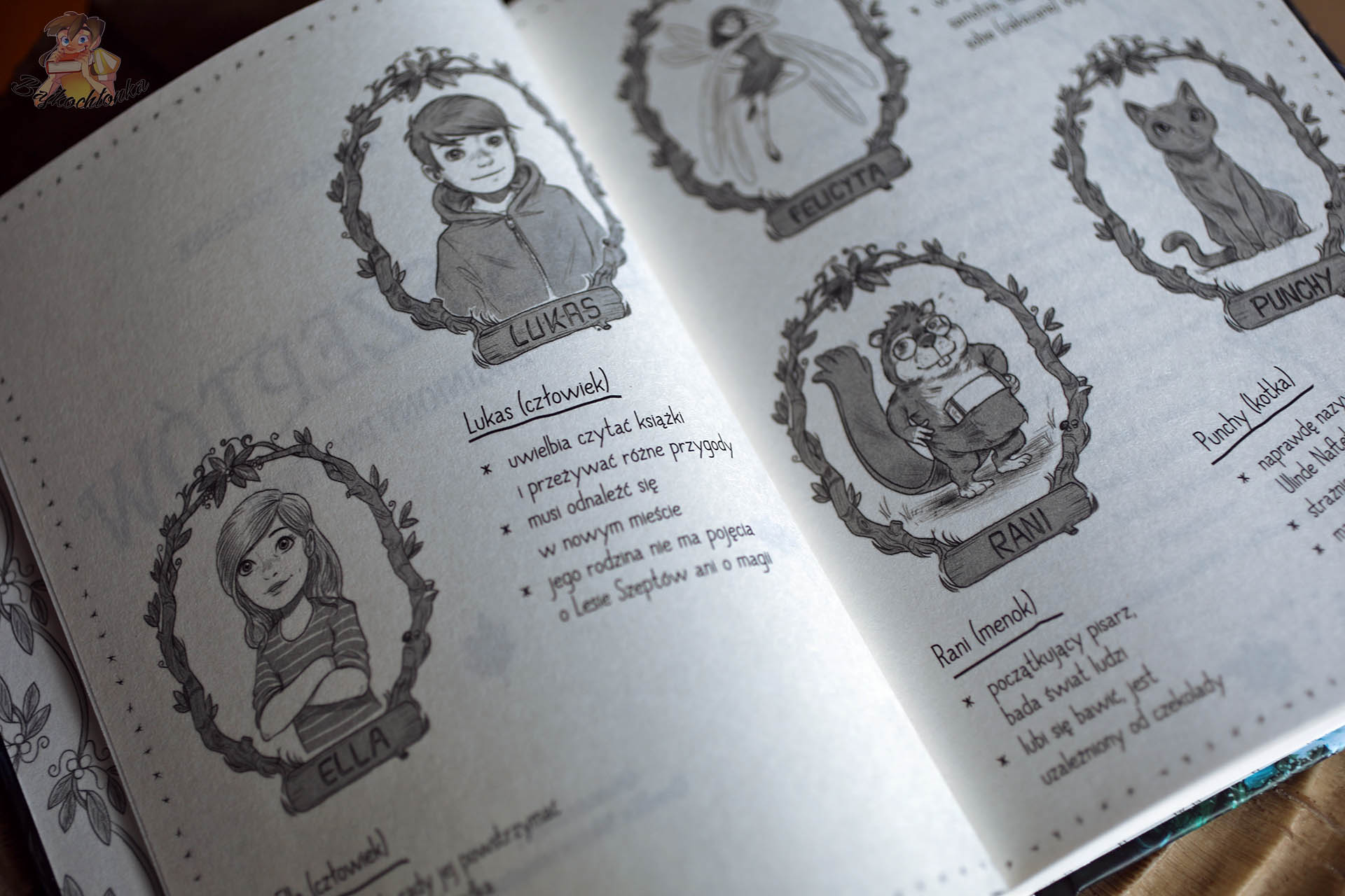 Strona prezentująca bohaterów książki Zaginiony profesor. Las Szeptów. Tom 2 – portrety Lukasa, Elli i Raniego w ozdobnych ramkach
